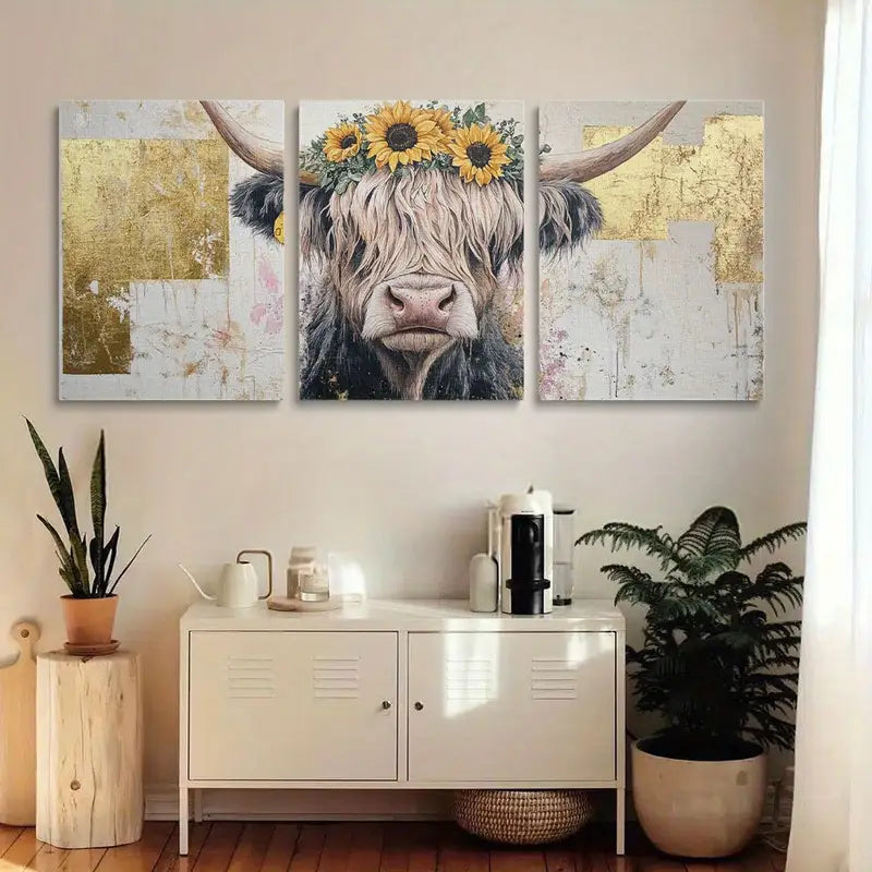 3-Piece Highland Cow with Sunflowers Vibrant Watercolor Metal Wall Art - Ready to Hang Home Decor for Living Room, Bedroom & Office