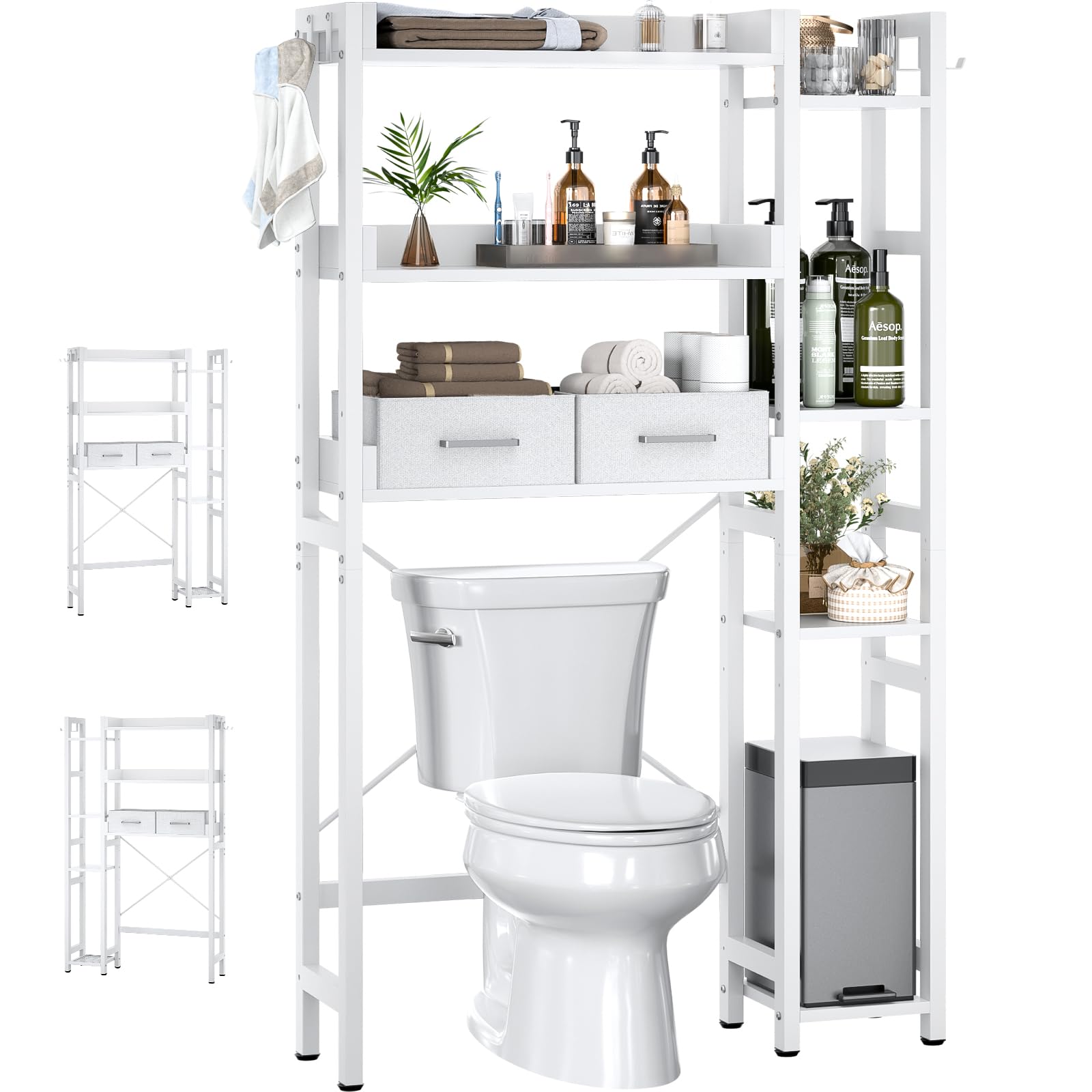 7-Tier Over The Toilet Storage Organizer with 2 Drawers & 4 Hooks - Adjustable Shelf Freestanding Bathroom Space Saver Rack - Perfect for Small Bathrooms, Laundry Rooms & Restrooms (White)