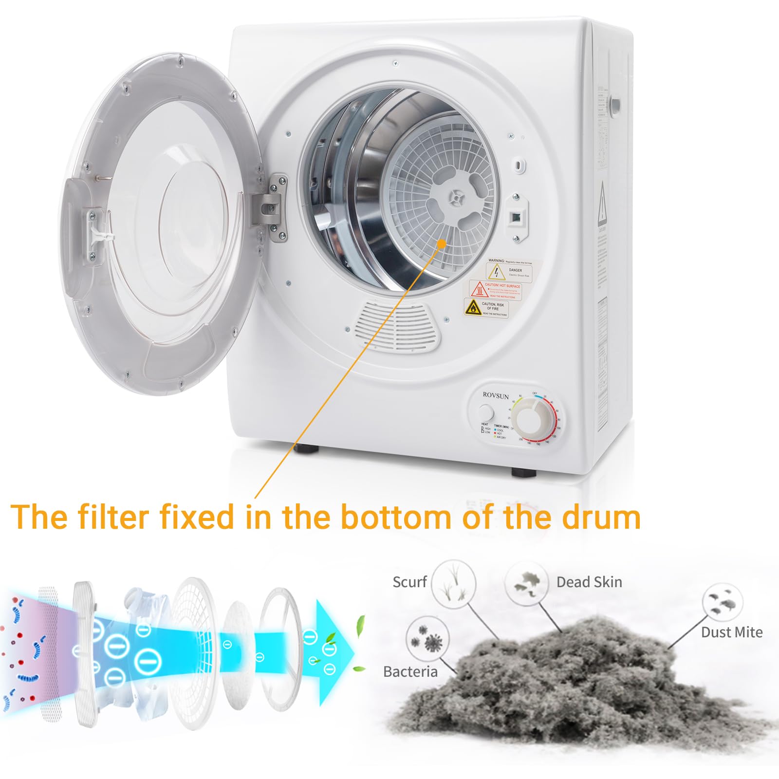 Bonnlo Portable Front Load Electric Clothes Dryer Machine - Compact Laundry Dryer with Stainless Steel Tub for Home, Apartment, Dorm - White (Classic Knob Control) - Perfect for Small Spaces & Quick Drying
