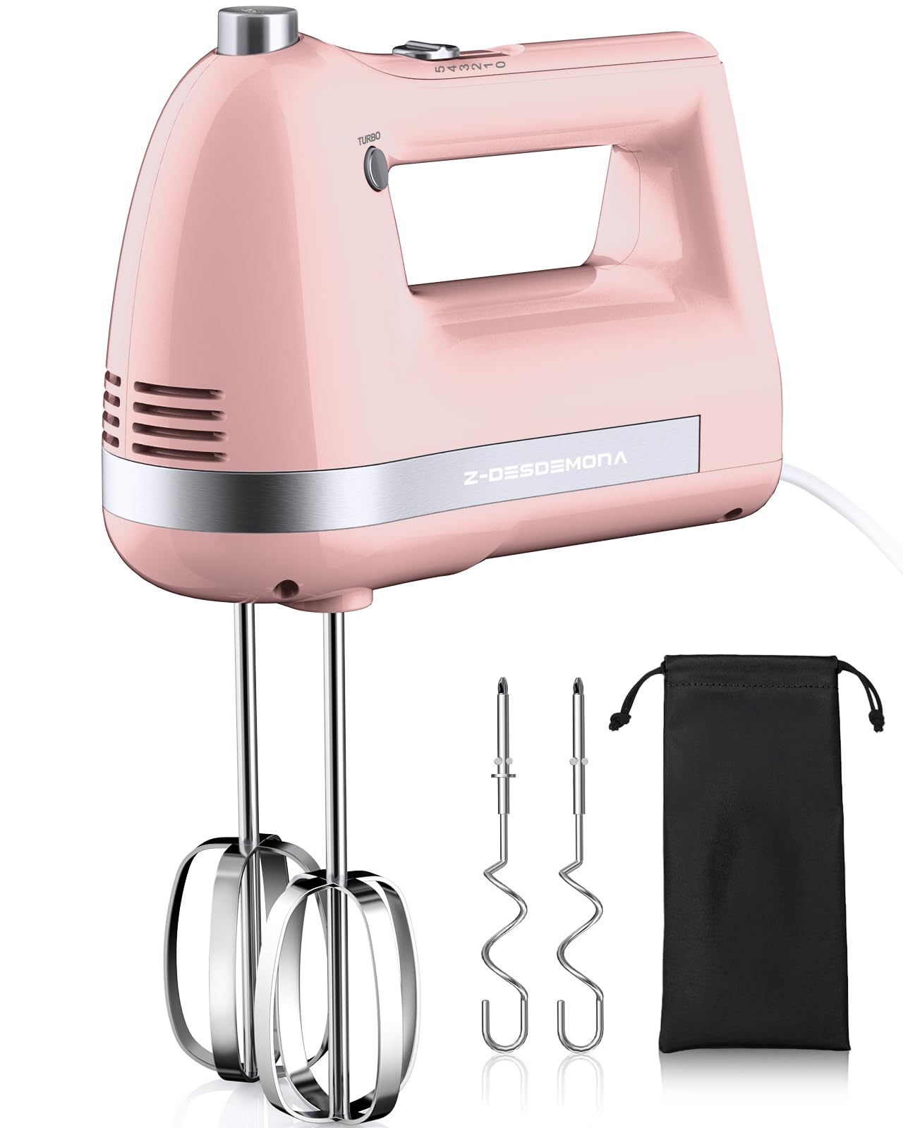 300W Powerful Electric Hand Mixer with 304 Stainless Steel Beaters & Dough Hook - Turbo Speed Handheld Mixer for Baking Cakes, Whipping Cream, Mixing Eggs - Perfect for Home Kitchen, Professional Baking & Dessert Making (Pink)