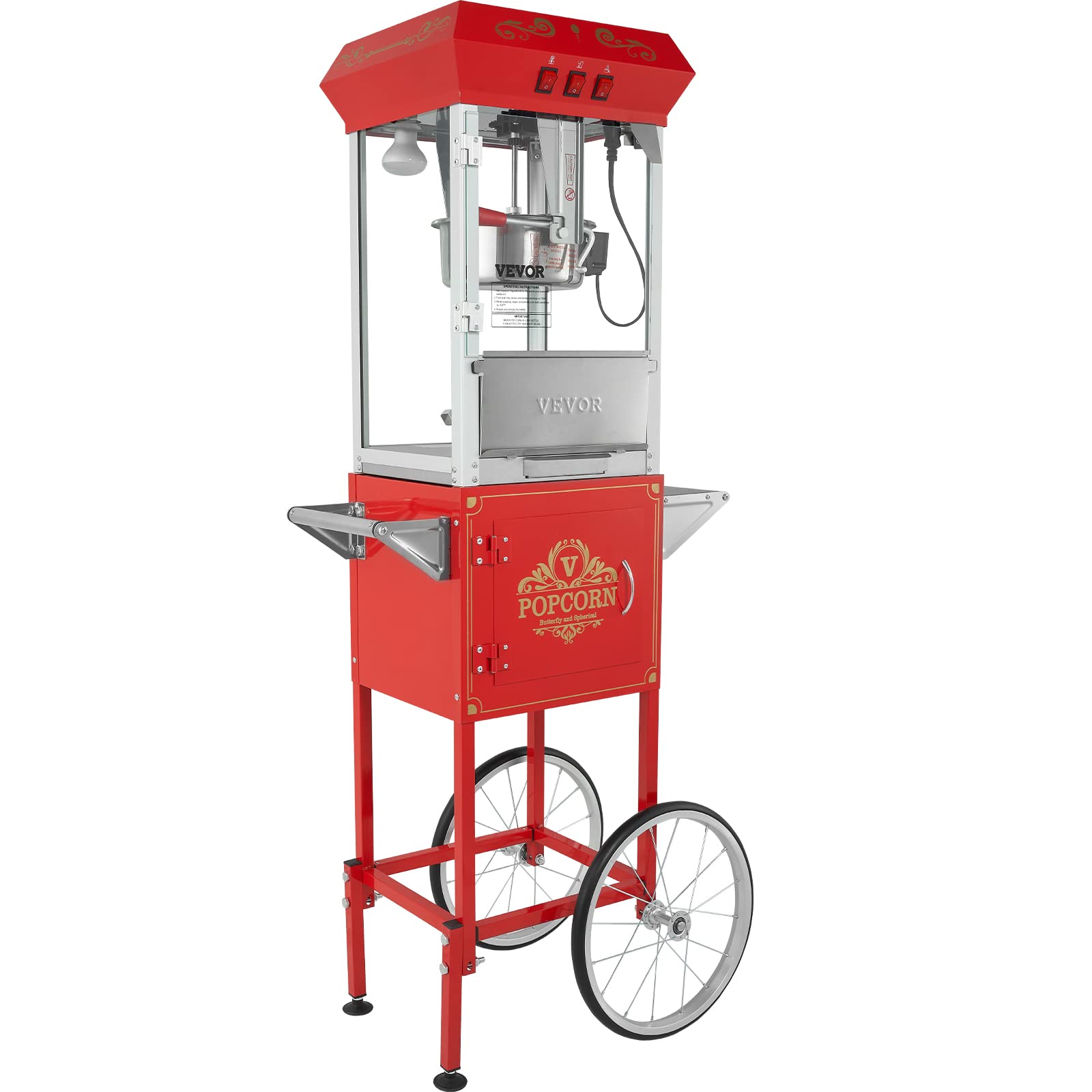 VEVOR 8 Oz Commercial Popcorn Machine - 850W Theater Style Popper with Wheels, Makes 48 Cups per Batch - 3-Switch Control, Steel Frame & Tempered Glass Doors - Includes Scoop & Spoons - Perfect for Movie Theaters, Carnivals, and Home Theater Snack Bars