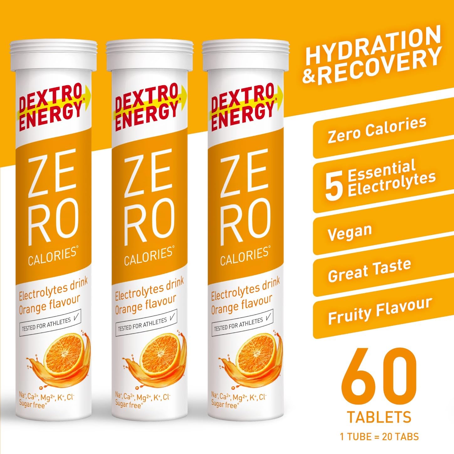 Dextro Energy Zero Calorie Electrolyte Drink Tablets - Orange Flavor | 60 Effervescent Tablets in 3 Tubes | Post-Workout Recovery, Hydration & Energy Boost | Perfect for Gym, Running, Hiking & Sports Activities