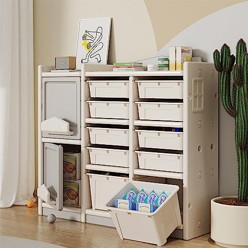 Runboll Toy Storage Organizer - 10 Bins, 2 Cabinets & 2 Shelves Multipurpose Bookshelf for Kids Toys, Books & School Supplies | Perfect for Bedroom, Playroom, Nursery & Classroom Organization