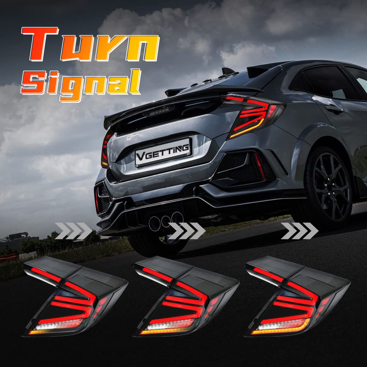 2016-2020 Honda Civic Type R Hatchback LED Tail Lights - Smoked Lens Sequential Turn Signal & DRL Brake Light Assembly - Perfect for Night Driving & Car Customization