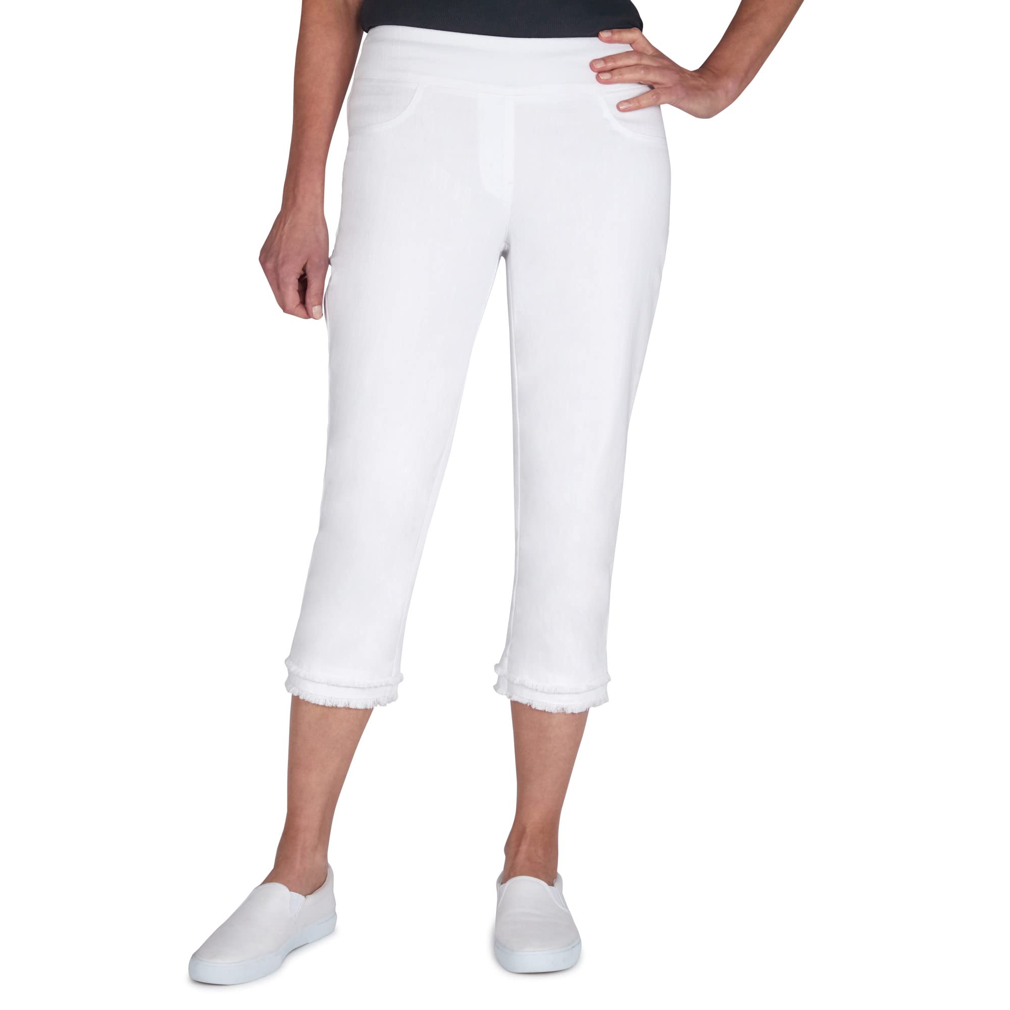 Ruby Rd. Women's Soft Stretch Flared Hem White Denim Capri Pants - Comfortable Summer Casual Wear for Beach, Shopping & Outdoor Activities