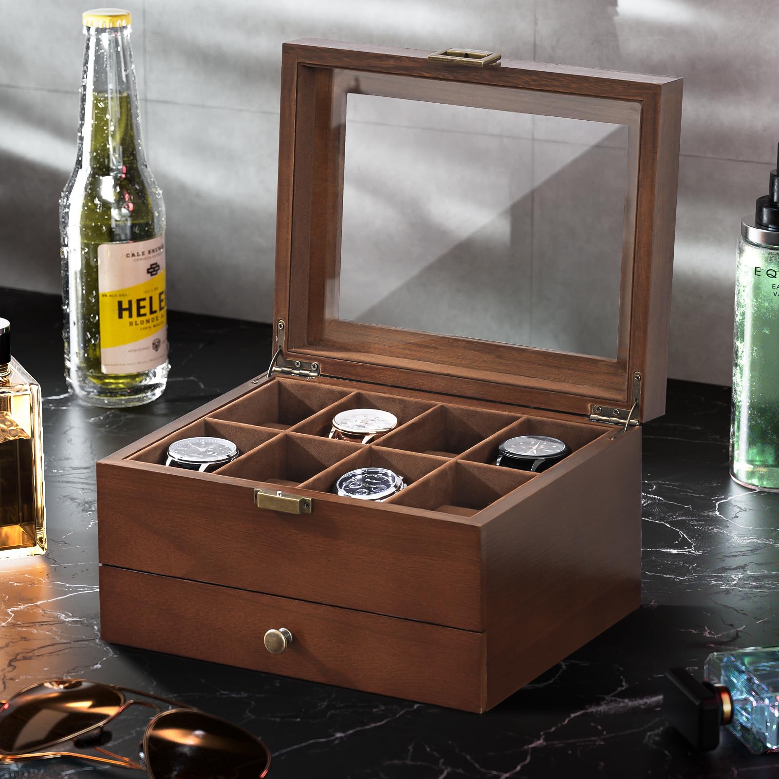 ProCase 8-Slot Wooden Watch Box for Men & Women - 2-Layer Watch Display Case with Drawer, Jewelry & Watch Storage Organizer - Perfect for Watch Collectors & Gift Giving (Brown)