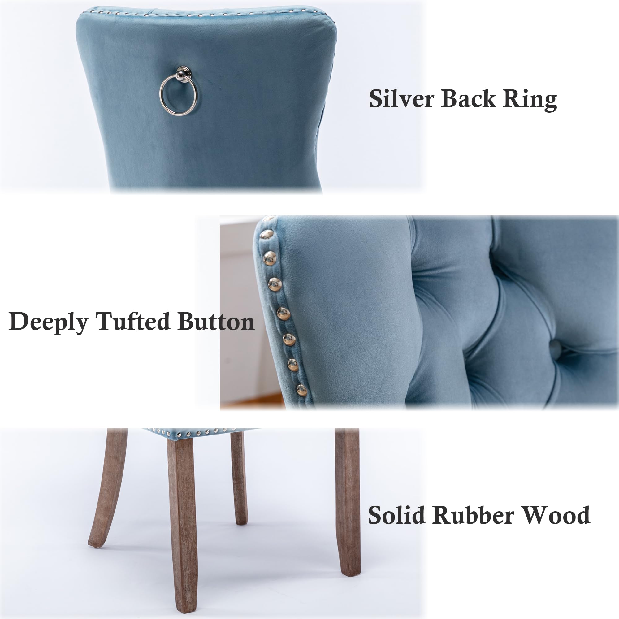 Rhomtree Set of 2 Velvet Dining Chairs - Luxury Tufted Back with Nailhead Trim, Solid Rubber Wood Legs (Light Blue) - Perfect for Kitchen, Dining Room & Home Decor