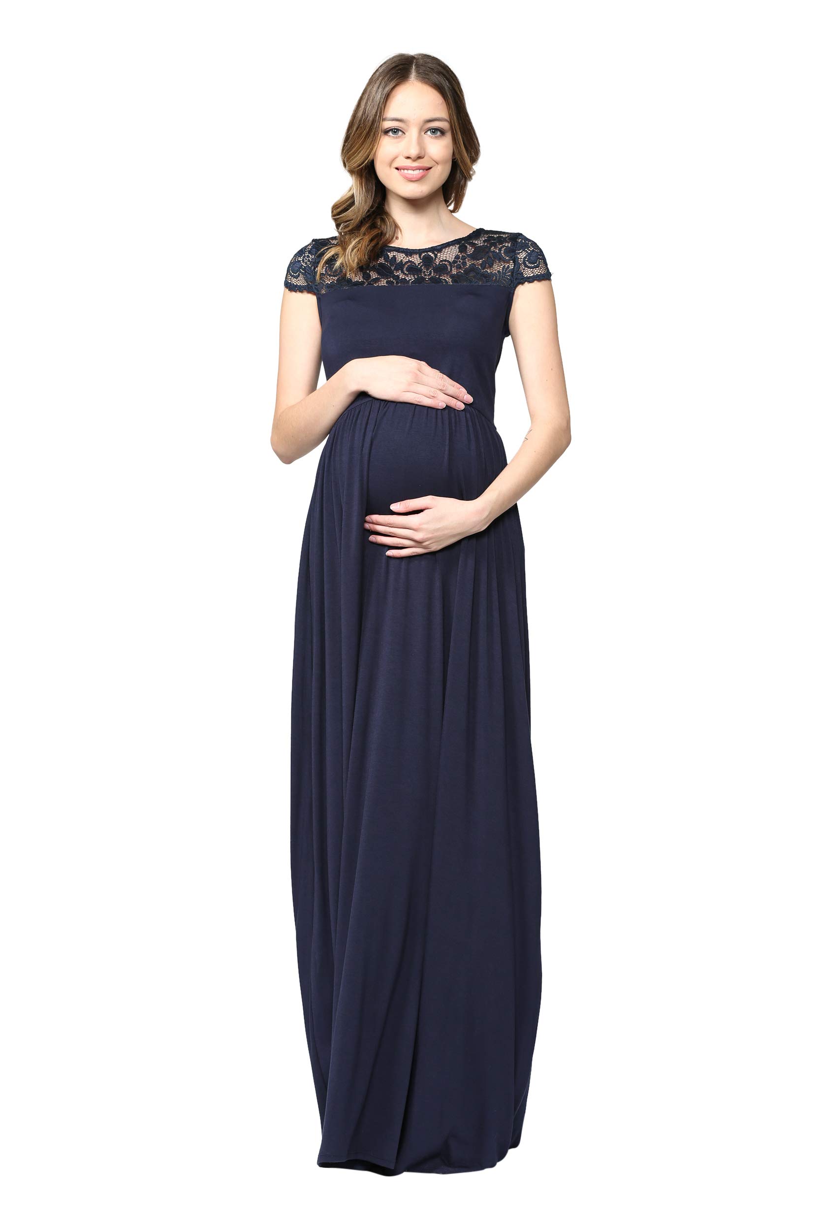 HELLO MIZ Women's Flowy Maxi Maternity Dress with Elegant Lace Yoke - Perfect for Pregnancy, Nursing & Special Occasions