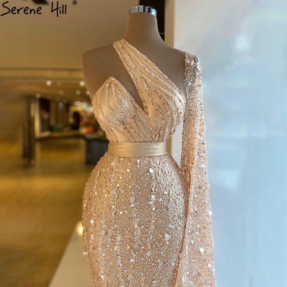 Serene Hill Mermaid Gold One Shoulder Evening Dress 2025 - Luxury Feather Beaded Elegant Gown for Women | Perfect for Prom, Cocktail Party & Red Carpet Events