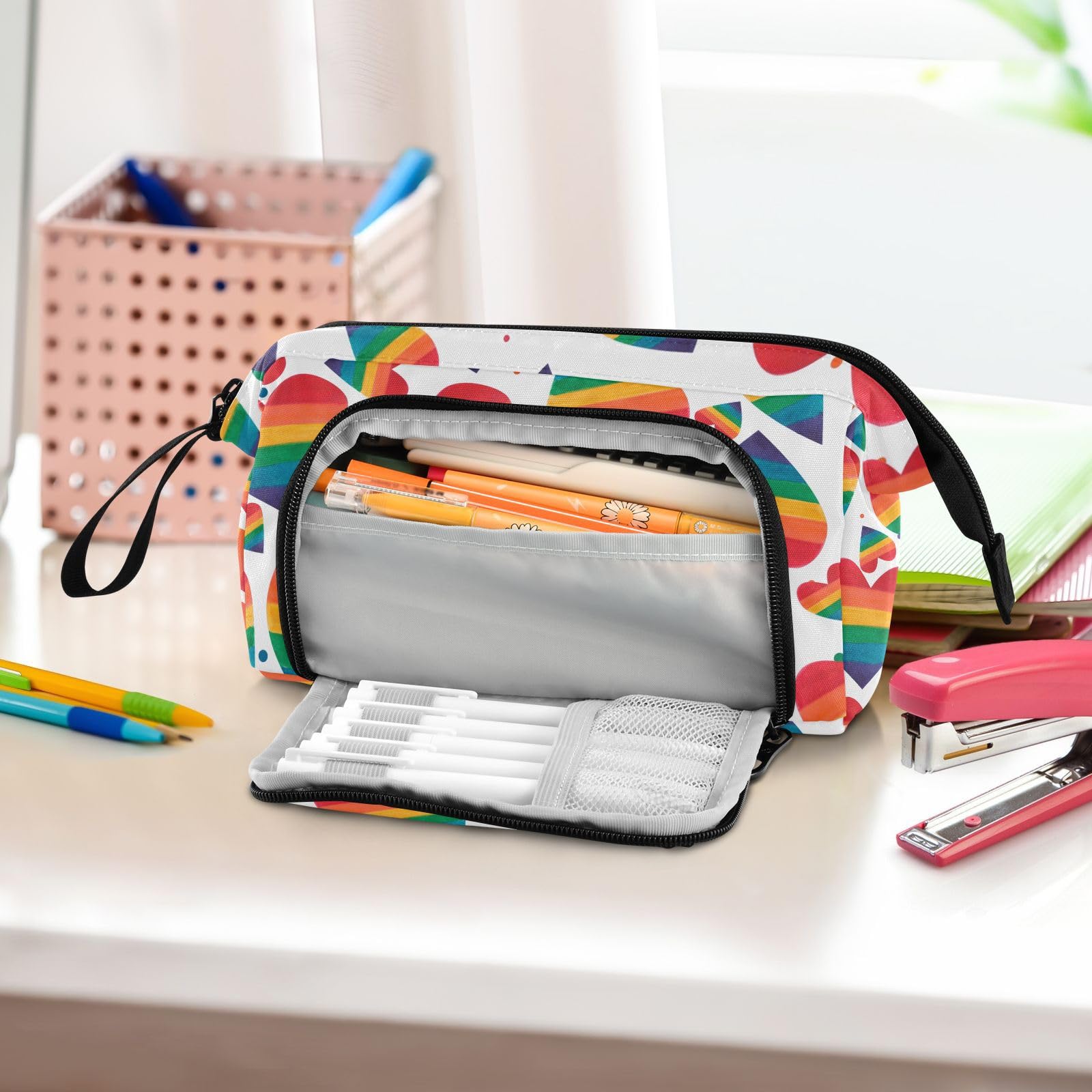 GAIGEO Rainbow Heart Pattern Pencil Pouch - Large Capacity School Supplies Organizer for Pens, Markers & Art Tools - Perfect for Students, Office & Travel Use