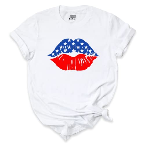 Women's 4th of July Patriotic T-Shirts | American Flag Independence Day Graphic Tees | Memorial Day USA Shirts | Plus Size Unisex Outfit (Lips) - Perfect for BBQ Parties, Fireworks Shows & Summer Festivals