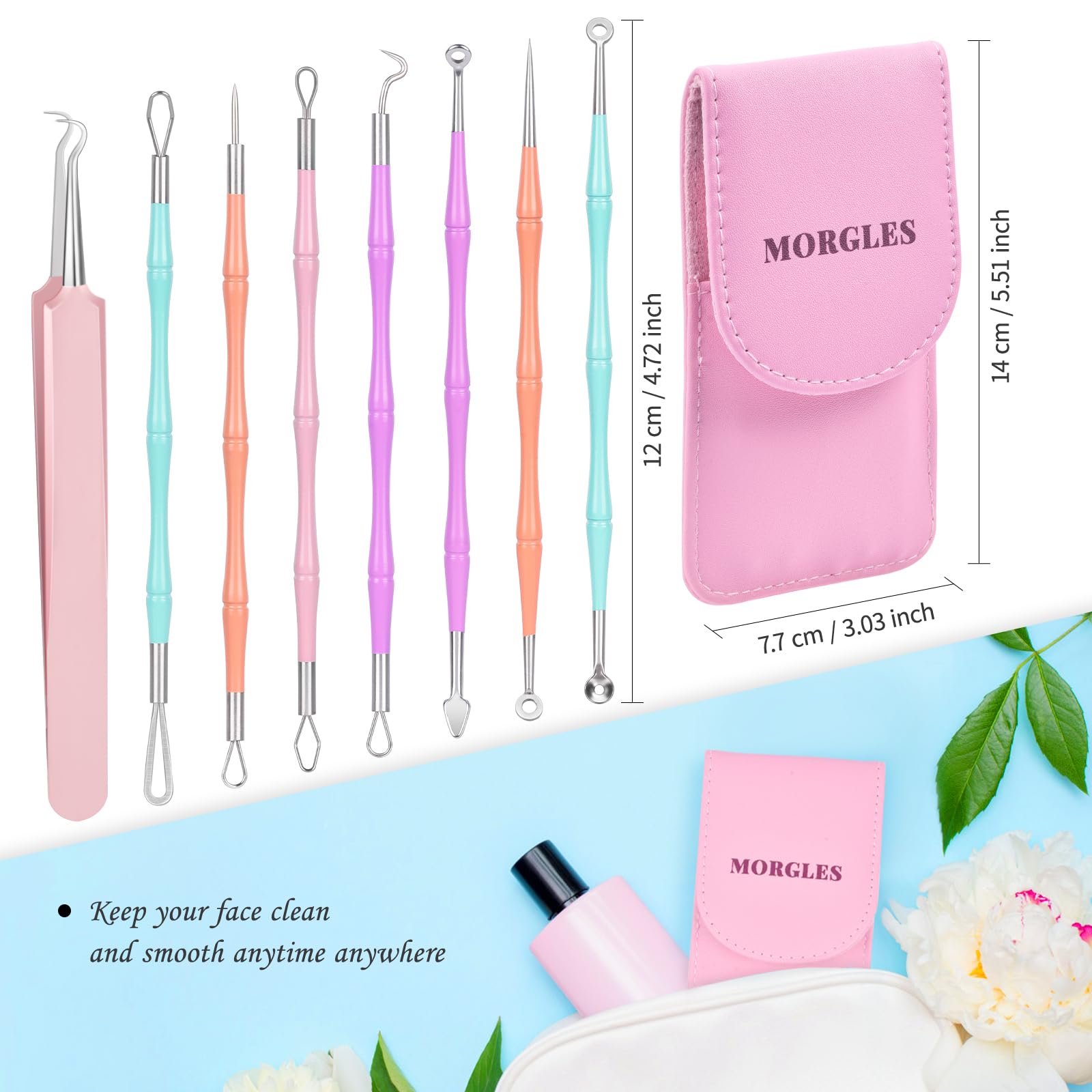 **Professional Stainless Steel Pimple Popper Tool Kit - MORGLES 14-Piece Acne Zit Extractor Set with Leather Case for Facial & Nose Blackhead Removal - Perfect for Home Skincare & Spa Treatments**