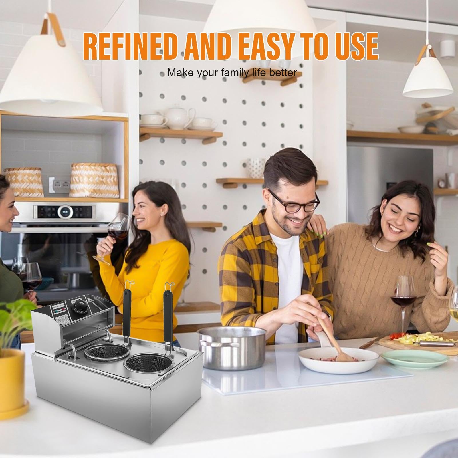 110V Commercial Pasta Cooker - 1500W Electric Noodle Cooker with Dual Baskets | 0°F-392°F Temperature Control | Professional Pasta & Dumpling Boiler for Restaurants, Cafes & Home Kitchens | Perfect for Cooking Spaghetti, Vegetables, Ramen & Asian Dumplings