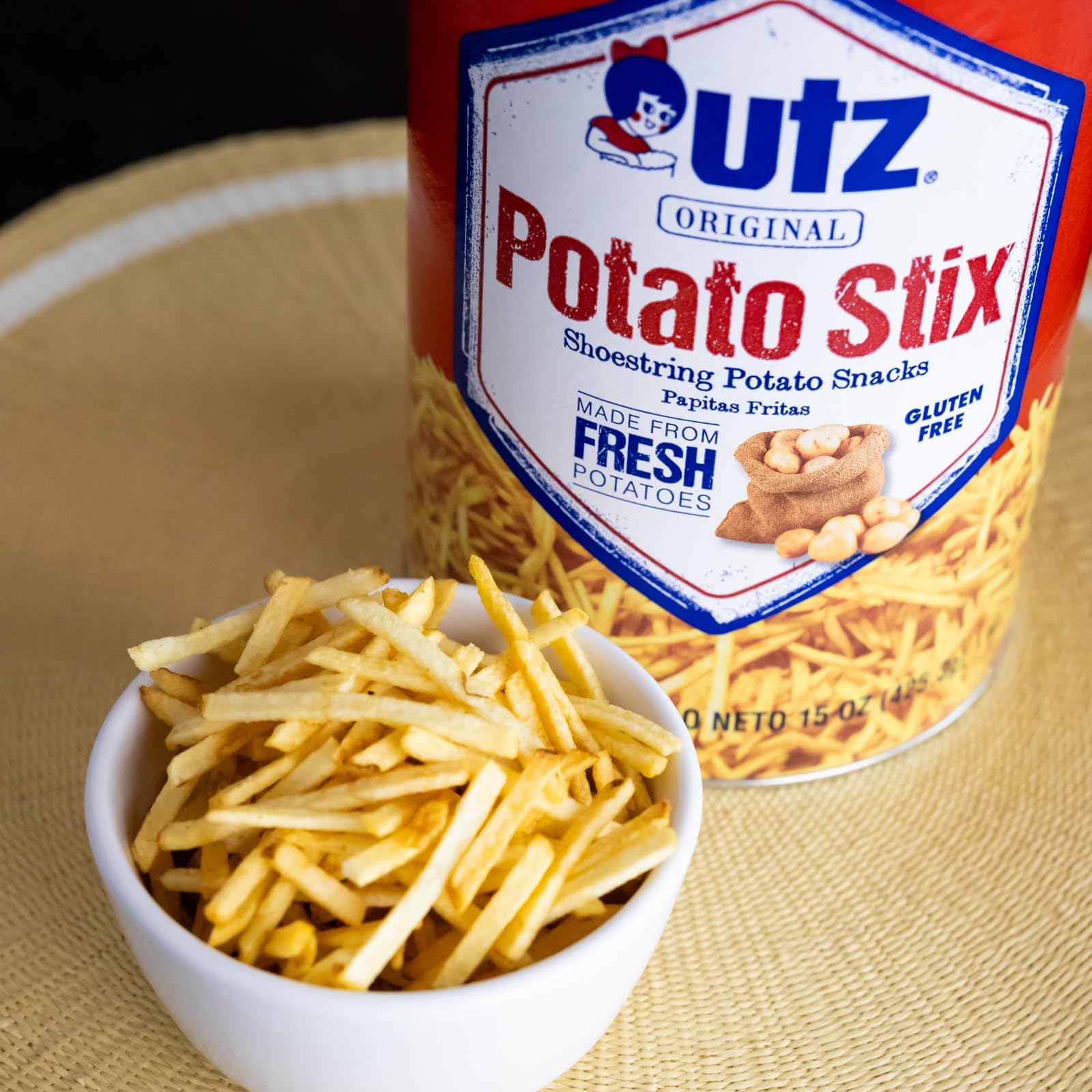 Utz Original Potato Stix - 15 Oz. Resealable Canister | Crispy Shoestring Potato Snacks Made from Fresh Potatoes | Cholesterol Free, Trans-Fat Free & Gluten-Free | Perfect for Parties, Movie Nights & On-the-Go Snacking