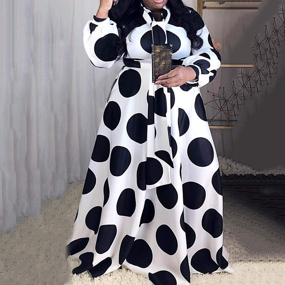 VERWIN Plus Size Long Sleeve Maxi Dress with Pockets - Flowy Dotted Print Formal Gown for Women, Perfect for Prom, Evening Parties & Special Occasions