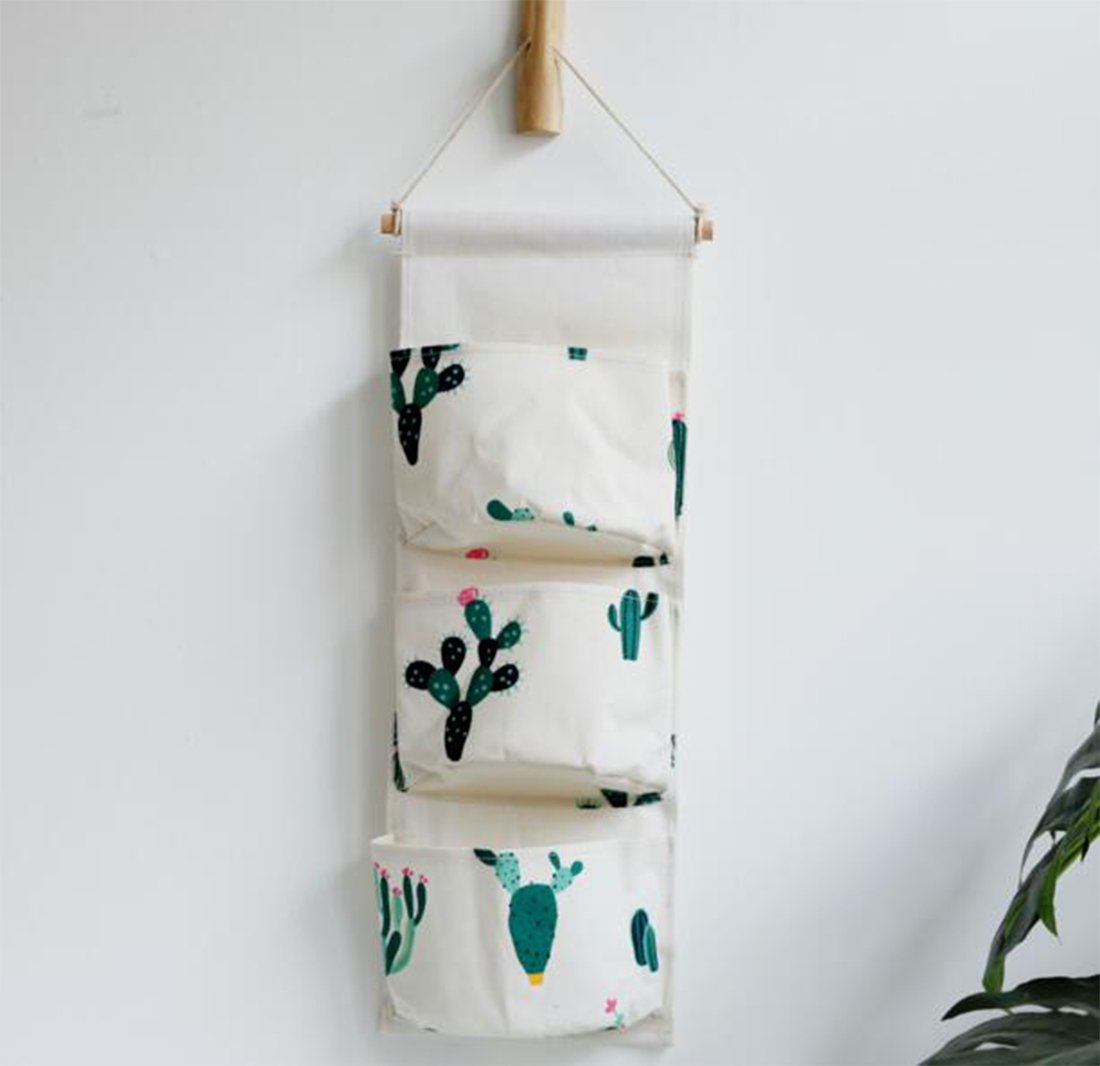 KRLIFCSL Cactus Wall Door Closet Hanging Storage Bag - 3 Pocket Canvas Fabric Over The Door Organizer Pouch, 2 Pack (Cactus) - Perfect for Bedroom, Bathroom, Closet & Entryway Organization