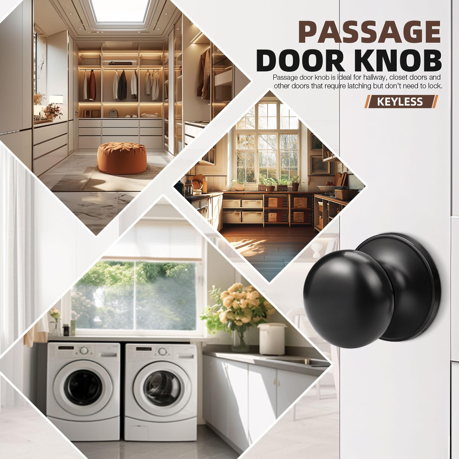 Gobekor 2 Pack Matte Black Keyless Interior Door Knobs with Lock - Stainless Steel Passage Round Knobs for Bedroom, Closet & Bathroom Doors