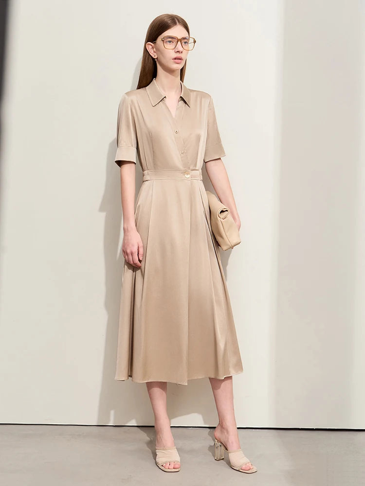 Elegant Minimalist Silk Dress for Women - Summer Light Luxury Lapel Half Placket Stretch Long Shirt Dress | Perfect for Office Wear, Date Nights & Special Occasions