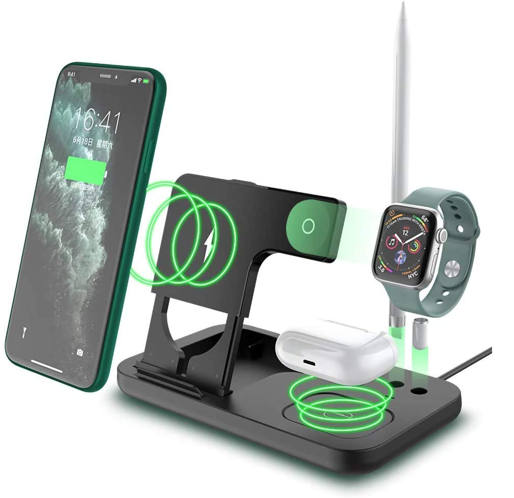 Raxxio 4-in-1 Qi-Certified Wireless Charging Station - Fast Charger Dock for iPhone 14/13/12/11/Pro/Max/X, Apple Watch Series 8/7/6/5/4/SE, AirPods Pro/3/2 & Samsung Galaxy S23/S22/S21 - Perfect for Nightstand, Office Desk & Travel
