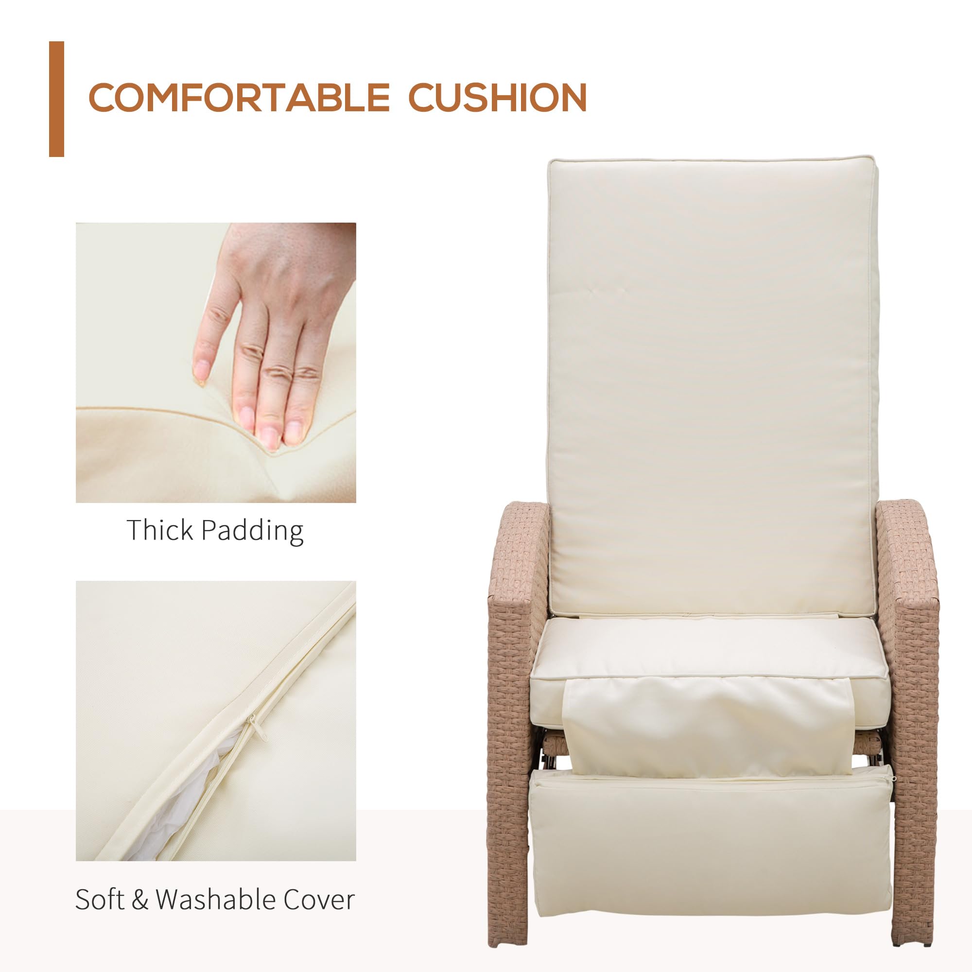Outsunny Patio Recliner - Outdoor Reclining Lounge Chair with Adjustable Backrest, Flip-Up Side Table & Footrest - All-Weather Wicker Metal Frame Chaise Lounge with Cushions (Beige) - Perfect for Poolside, Backyard, Garden & Patio Relaxation