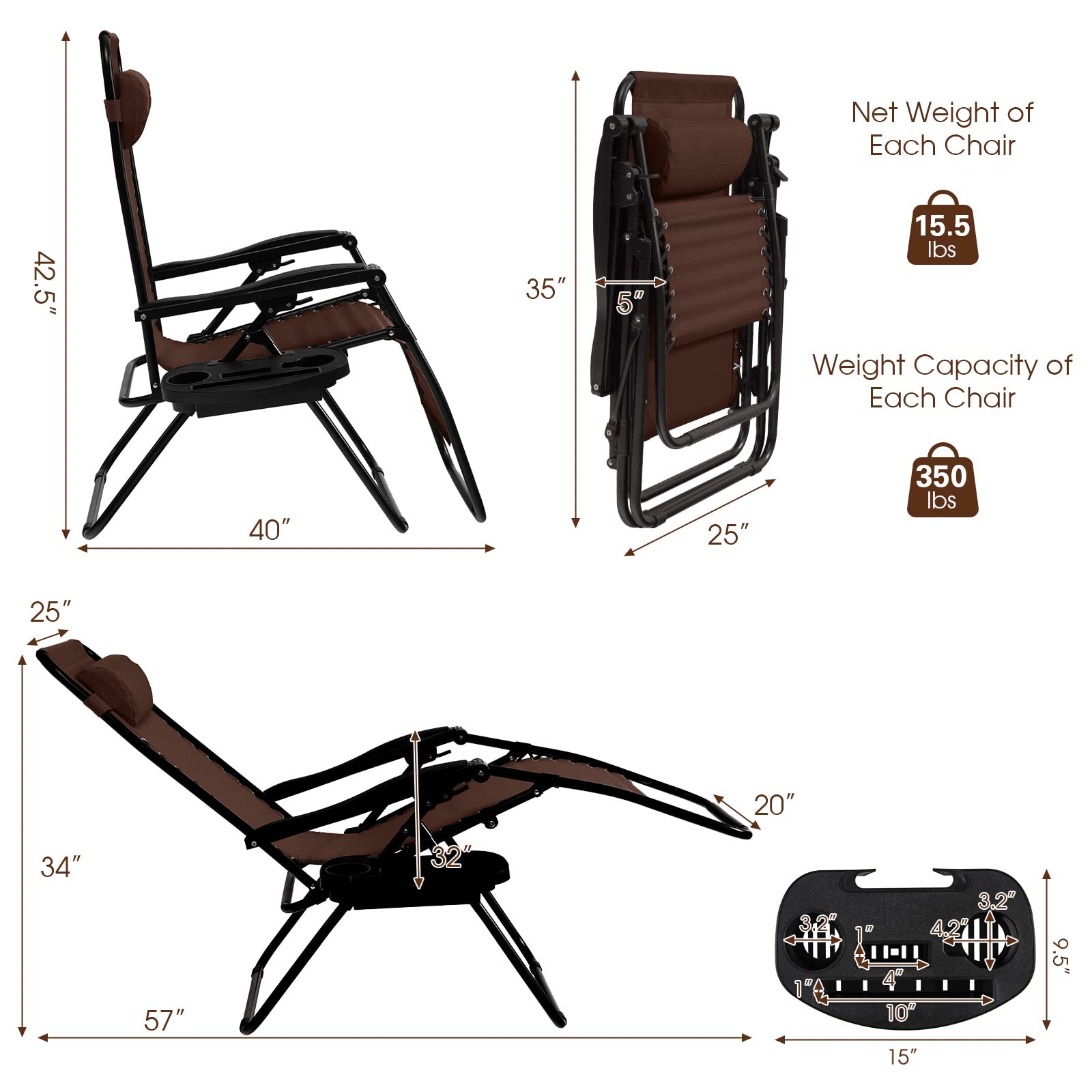 Goplus Zero Gravity Lounge Chairs Set of 2 - 160° Adjustable Folding Recliner with Pillow & Cup Holder, 350LBS Capacity - Comfortable Outdoor Patio Chairs for Backyard, Poolside, Beach & Camping (Brown) - Perfect for Relaxing, Sunbathing & Outdoor Lounging