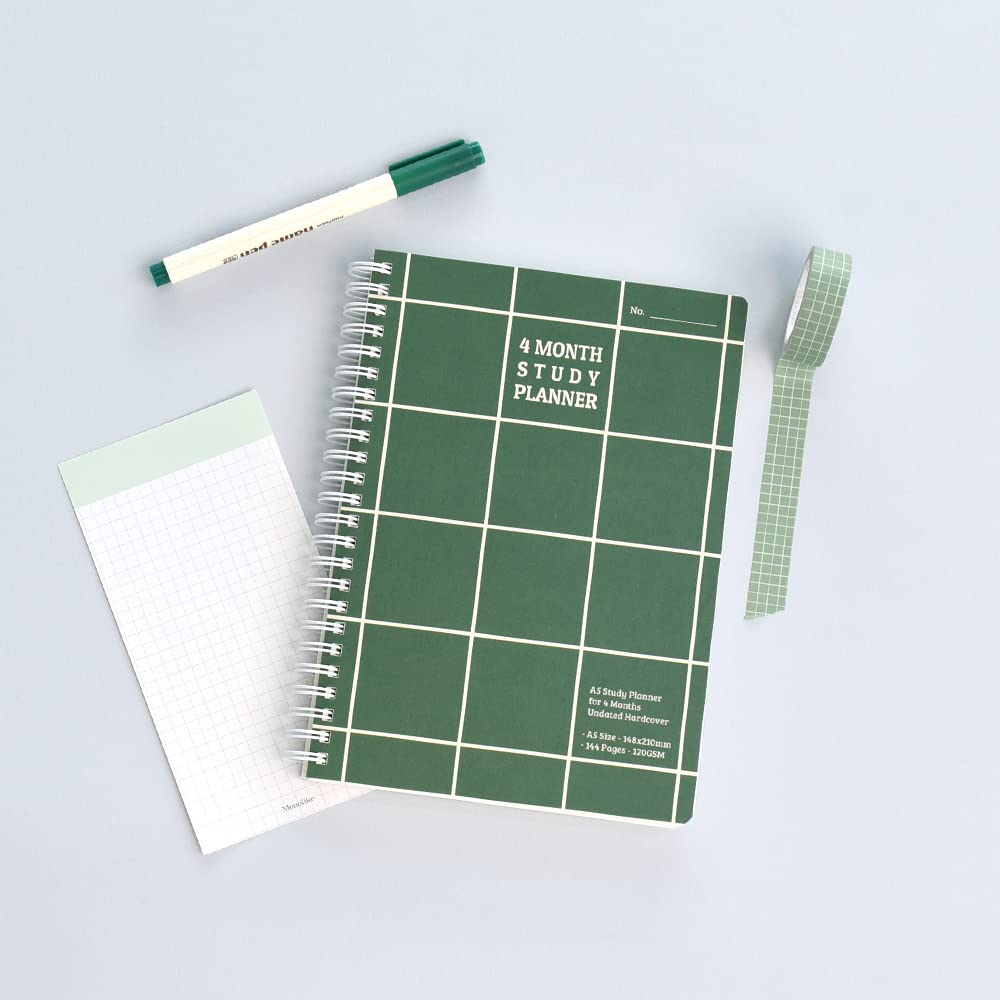 Monolike Checkers 4-Month Academic Planner - Weekly & Monthly Study Planner with Goal Tracking, Green - Perfect for Students & Professionals for School, College & Work Organization