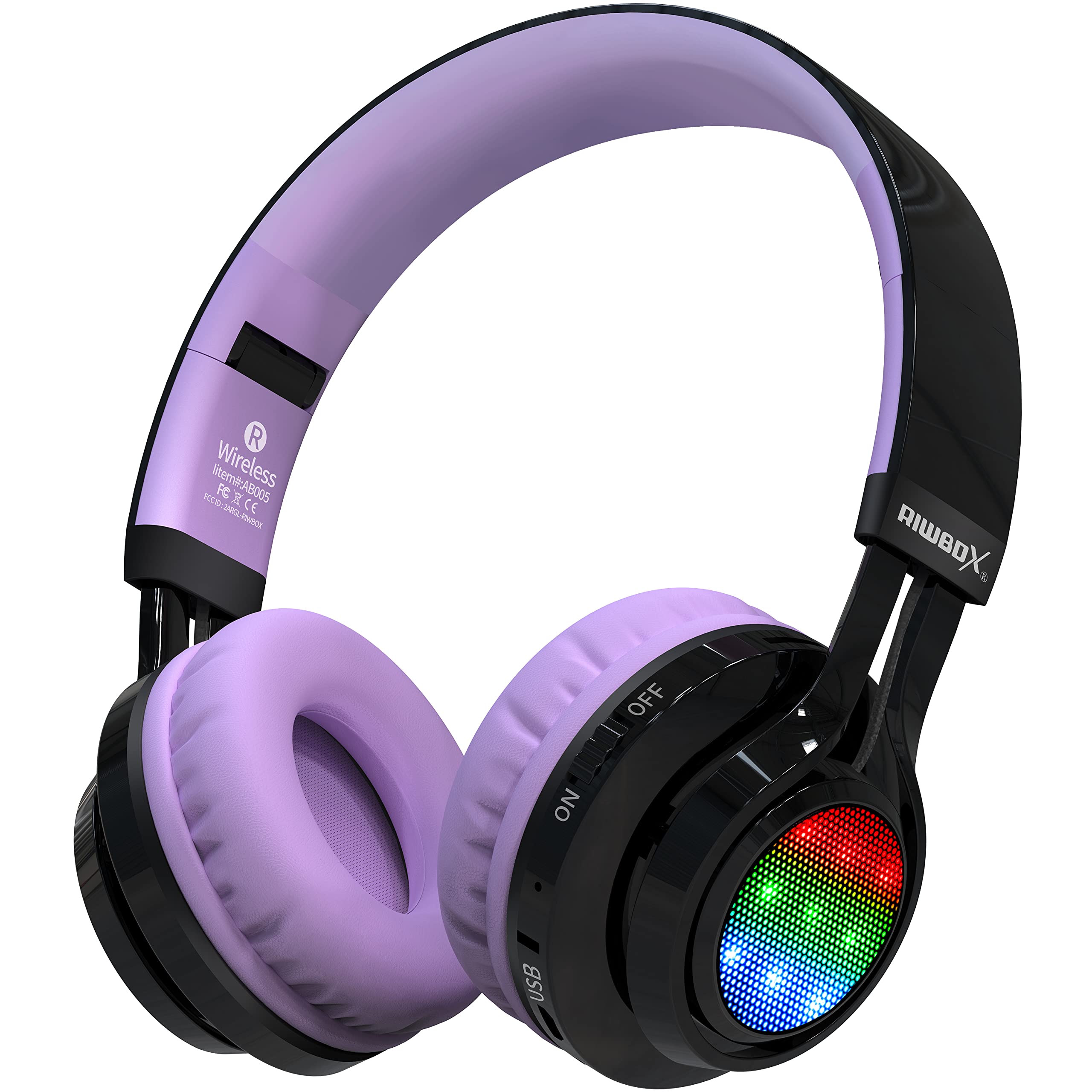 Riwbox AB005 Wireless Bluetooth Headphones for Kids with Microphone, LED Lights & FM Radio - Foldable Design, TF Card Slot - Compatible with Tablets, PC, TV (Black & Purple) - Perfect for School, Travel & Home Entertainment