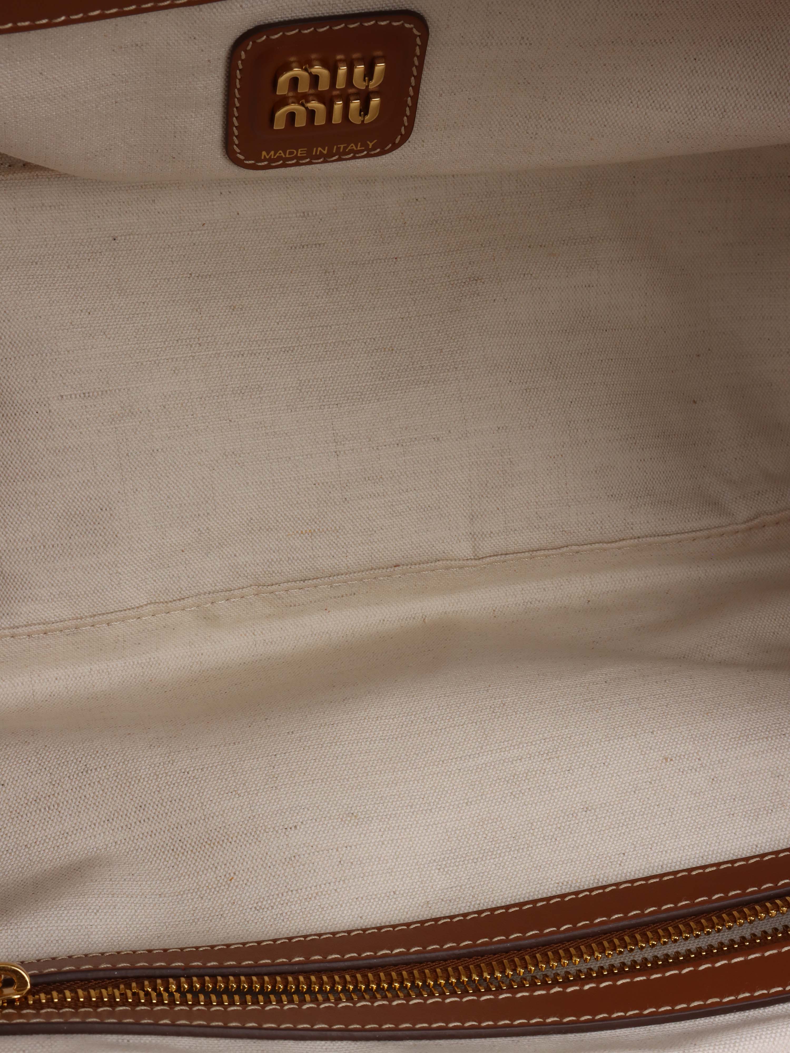 Miu Miu Beau Canvas & Leather Tote Bag for Women - Stylish Designer Handbag for Work, Travel & Everyday Use
