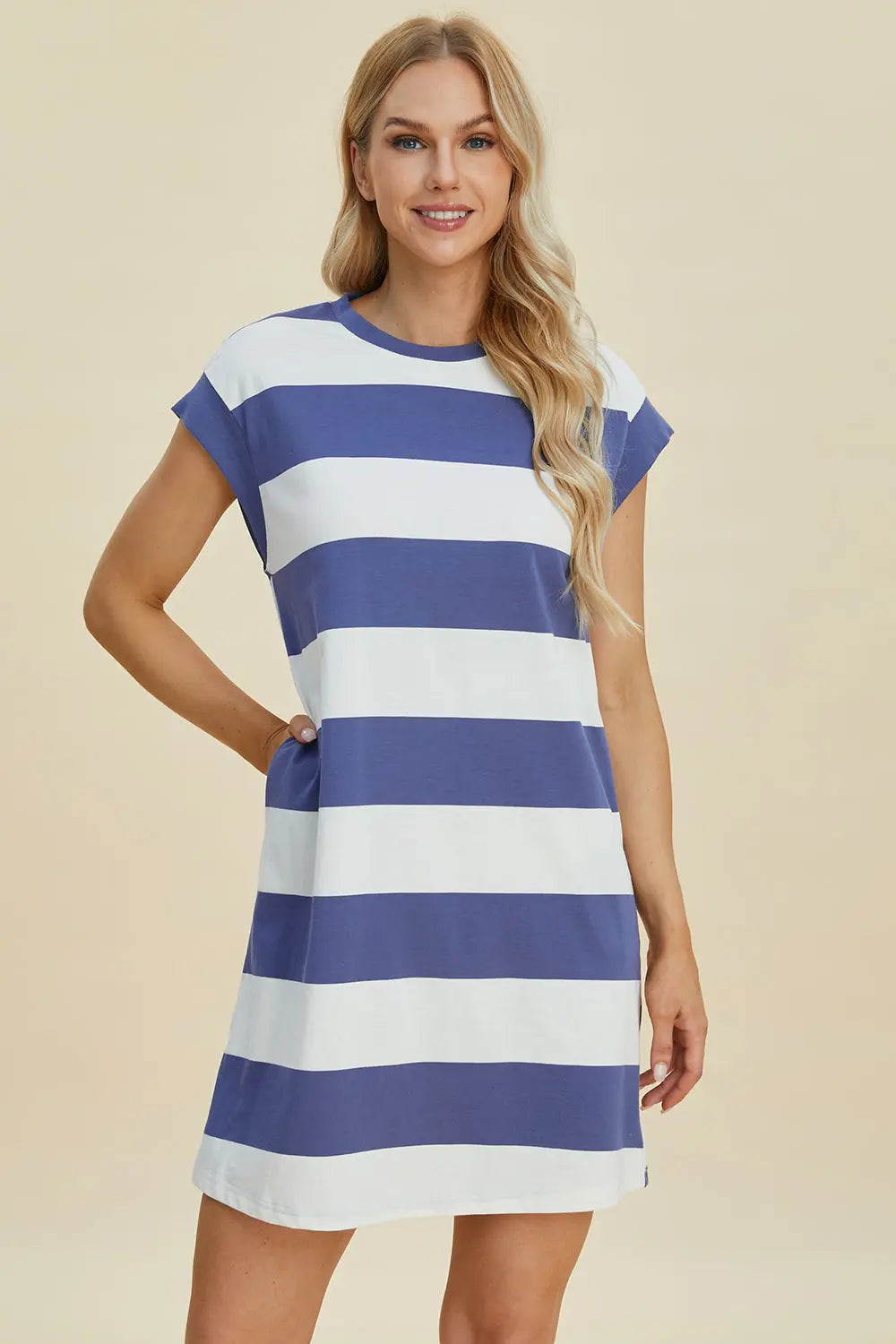 Basic Bae Women's Full Size Striped Round Neck Cap Sleeve Mini Dress - Casual Summer Outfit for Beach, Party & Date Night