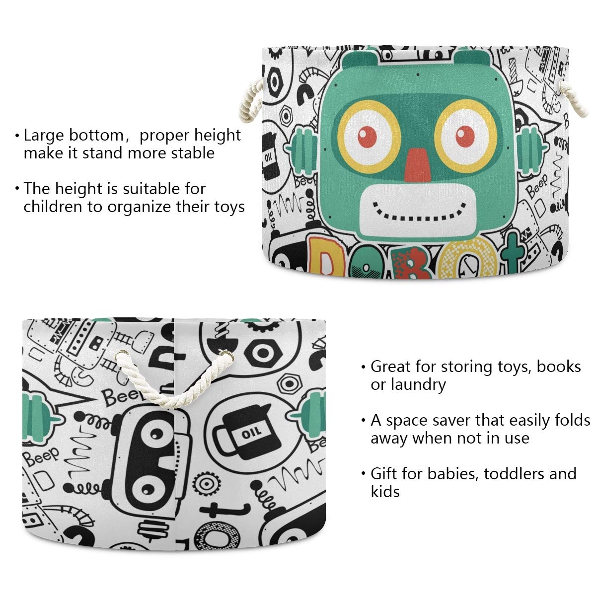Collapsible Round Storage Basket - Fabric Toy Organizer & Laundry Hamper with Drawstrings | Cute Robot Head Design for Kids' Room, Nursery, Playroom & Closet Organization