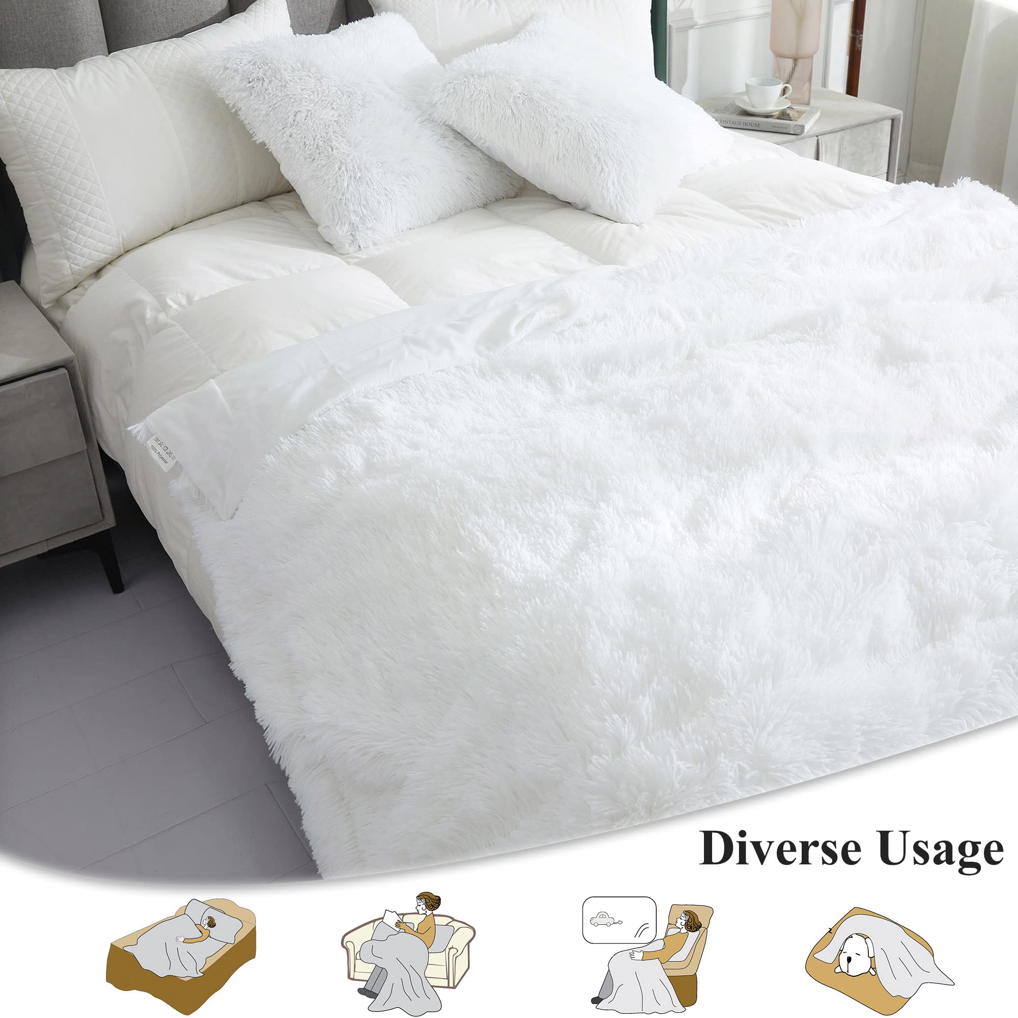 XeGe 3-Piece Soft Fluffy Throw Blanket and Pillow Cover Set - 50x60 Shaggy Faux Fur Plush Blanket with 18x18 Fuzzy Fleece Pillow Shams - Cozy for Bed, Couch, Living Room - Perfect for Winter Nights, Movie Time & Home Decor - White