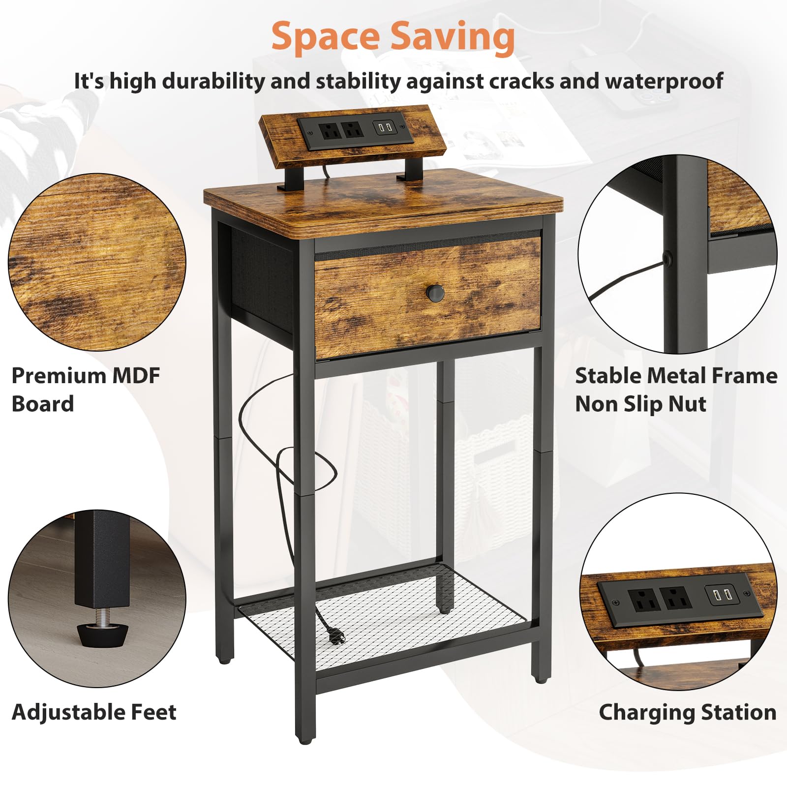 Fixwal Nightstand Set of 2 with Charging Station - USB Ports & Outlets, Rustic Brown Bedside End Tables with Fabric Drawer for Bedroom - Perfect for Small Spaces, Apartment Living & Guest Rooms