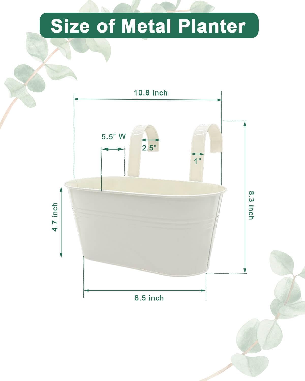 Vensovo 5-Pack White Metal Railing Planter Box for Outdoor Plants - Oval Hanging Flower Pots with Detachable Hooks & Drain Holes - Perfect for Balcony, Garden Fence, Deck & Patio Decor
