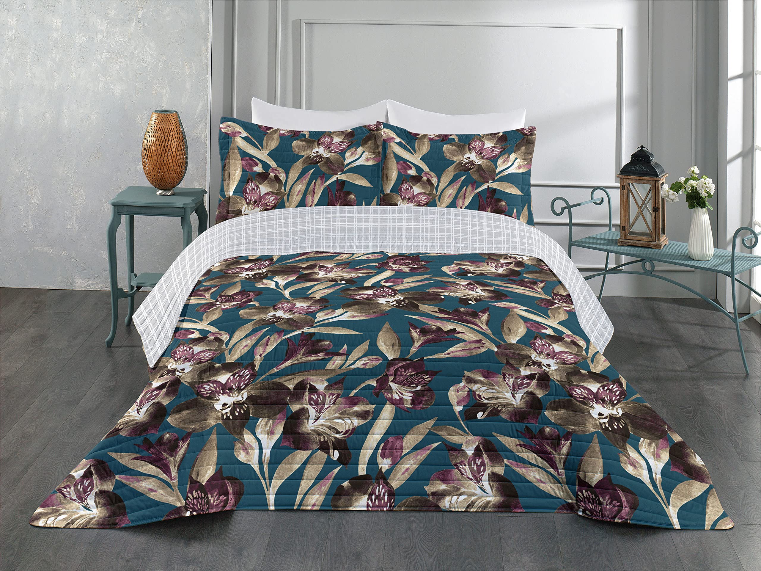 Ambesonne Reversible King Size Bedspread Set - Tropical Jungle Butterfly Design, Microfiber Comforter & Pillow Shams, Dark Teal | Perfect for Spring Bedroom Decor, Guest Room Makeover, and Boho Chic Home Styling