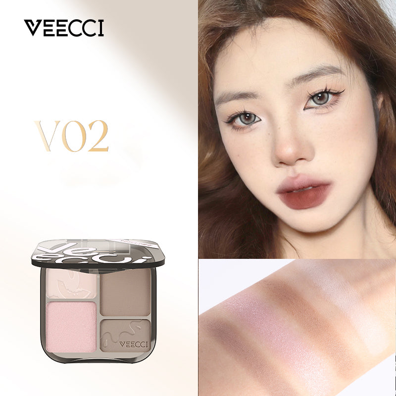Veecci Quad Contour Palette - 4 Color Face Contouring & Highlighting Makeup Kit for Cheeks, Nose & Jawline | Perfect for Everyday Makeup & Professional Looks