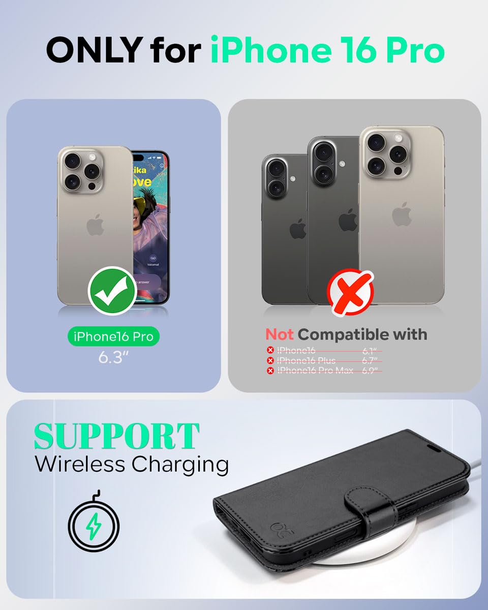 OCASE iPhone 16 Pro Wallet Case (6.3 Inch 2024) - Premium PU Leather Flip Folio Cover with Card Slots, RFID Blocking & Kickstand | Shockproof TPU Inner Shell | Perfect for Work, Travel & Everyday Use - Black