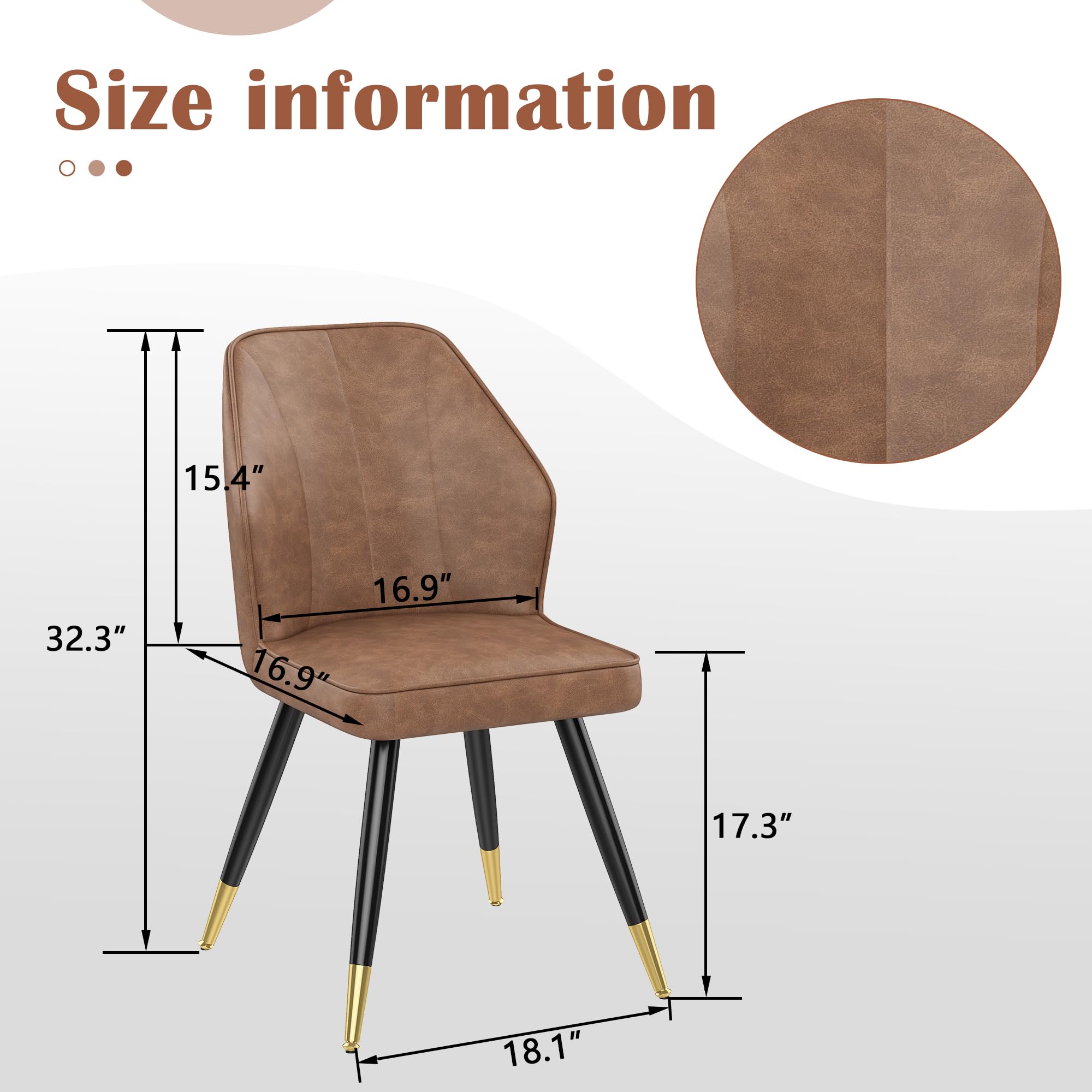 Andeworld Set of 2 Mid Century Modern Upholstered Dining Chairs - Faux Leather Armless Side Chairs with Golden Metal Legs for Dining Room, Living Room, Kitchen & Office - Brown Accent Chairs for Home Decor