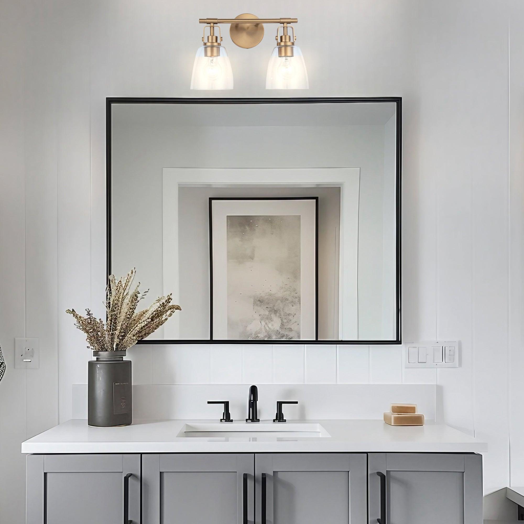 Modern Farmhouse 2-Light Vanity Light - Brushed Nickel Bathroom Sconce with Clear Glass Shades - Perfect for Bathroom, Powder Room, and Dressing Area Lighting