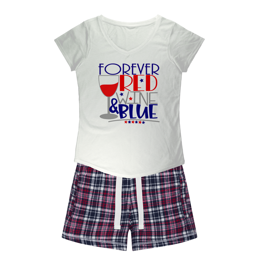 Forever Red Wine Blue Girls Sleepy Tee and Flannel Short Set - Comfortable Women's Lounge Pajamas for Sleepovers & Relaxing at Home