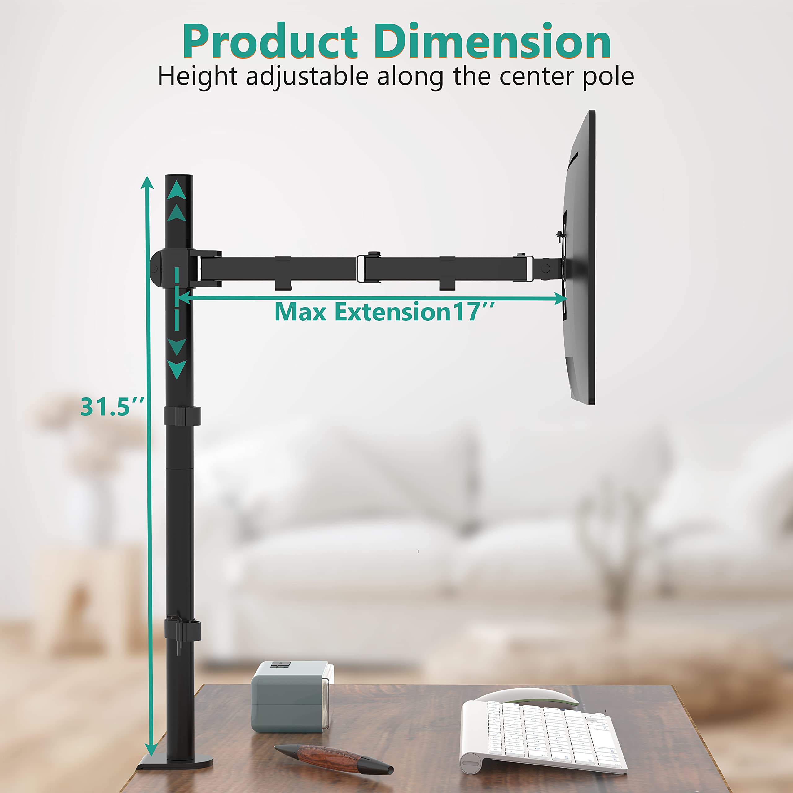 WALI Extra Tall Single Monitor Arm Mount for Desk - Heavy Duty Adjustable Stand for 13-32 inch Screens up to 22 lbs (M001XL, Black) - Perfect for Home Office, Gaming Setup & Workspace Ergonomics