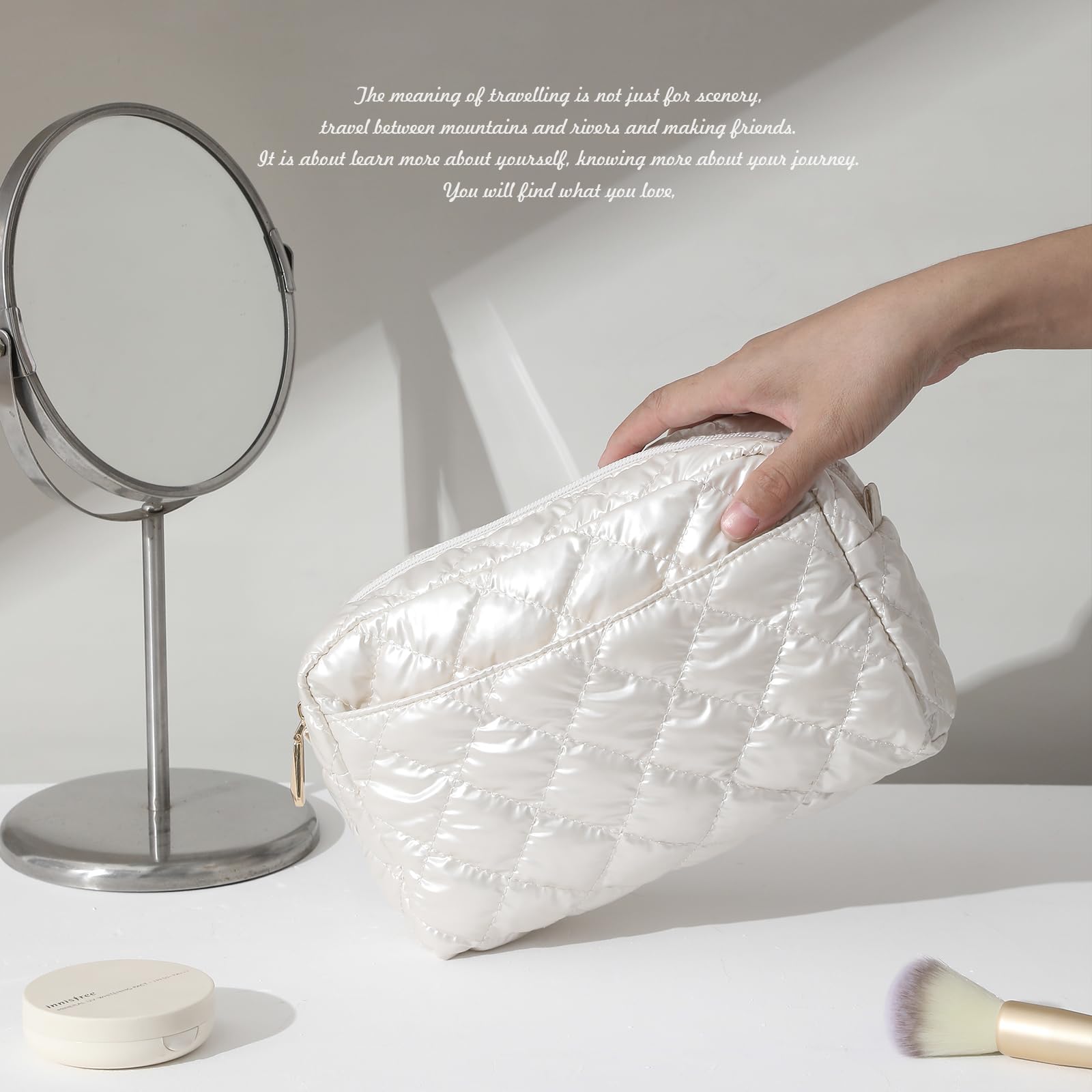 Waterproof Quilted Makeup Bag for Women - Travel Cosmetic Organizer Pouch with Zipper, Portable Puffer Toiletry Bag - Perfect for Daily Use, Gym, Vacation & Airplane Essentials (White)