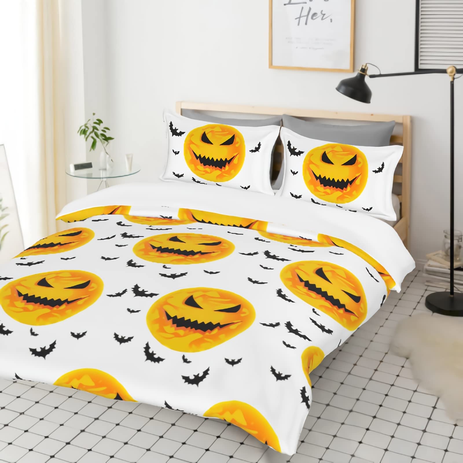 GREDBH Halloween Bat 3-Piece Bedding Set - Large Moon Quilt Cover with Pillowcase, Soft Cotton Lightweight All-Season Comforter for Spooky Bedroom Decor | Perfect for Halloween Parties & Cozy Fall Nights