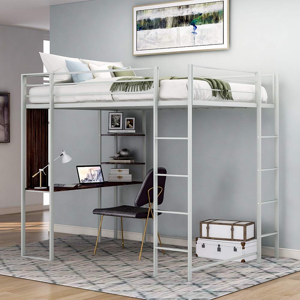 Twin Size Metal Loft Bed with Desk, Shelf & Ladder - Sturdy Bunk Bed Frame with Guardrail for Kids & Teens - Space-Saving Bedroom Furniture for Small Rooms (Silver) | Perfect for Dorm Rooms, Studio Apartments & Shared Kids' Bedrooms