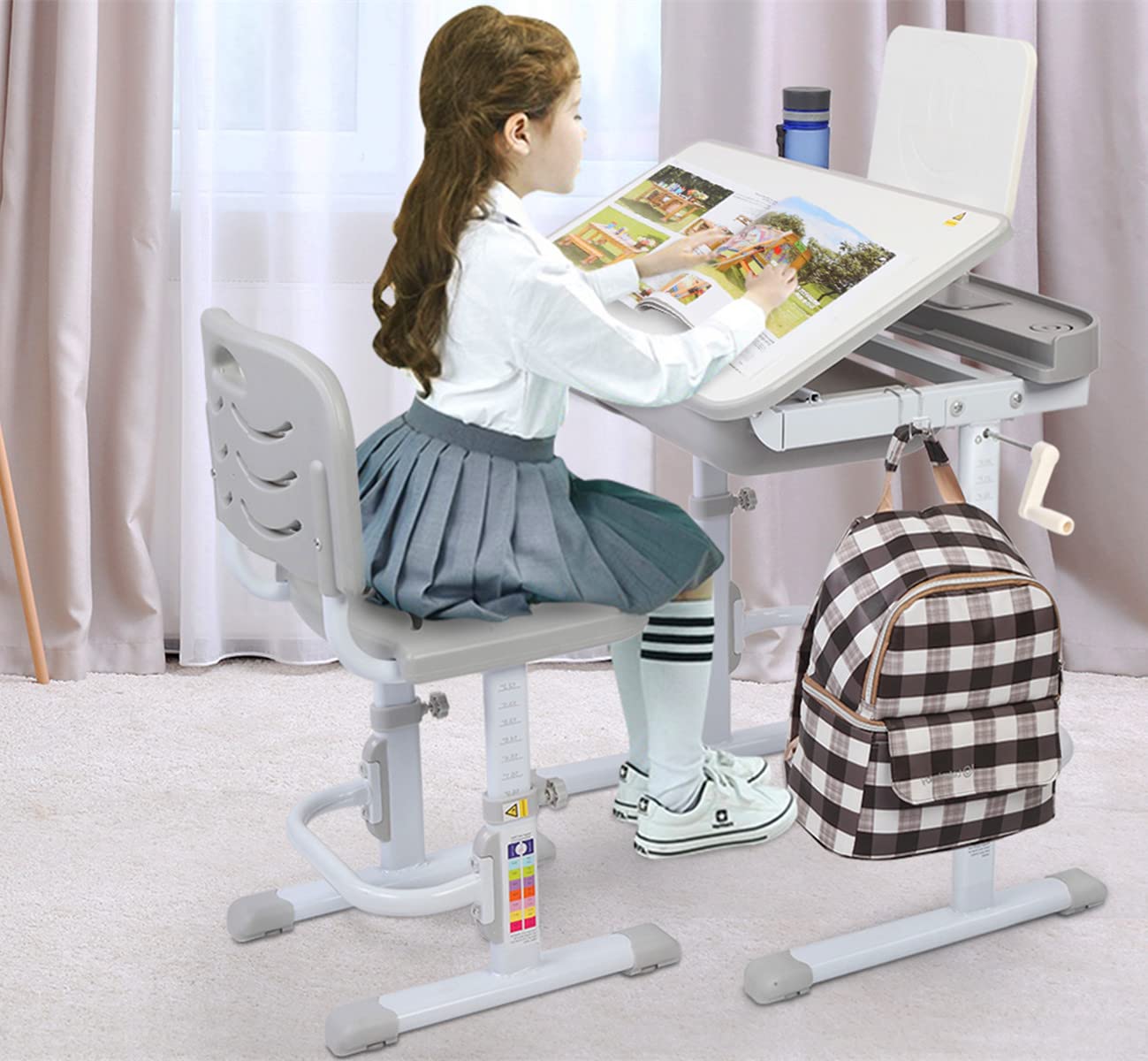 **Height Adjustable Kids Desk and Chair Set for 6-12 Years Old - Study Desk with Storage Drawer, 40° Tilted Desktop & Metal Hook - Perfect for Homeschooling, Online Learning & Homework (Gray)**
