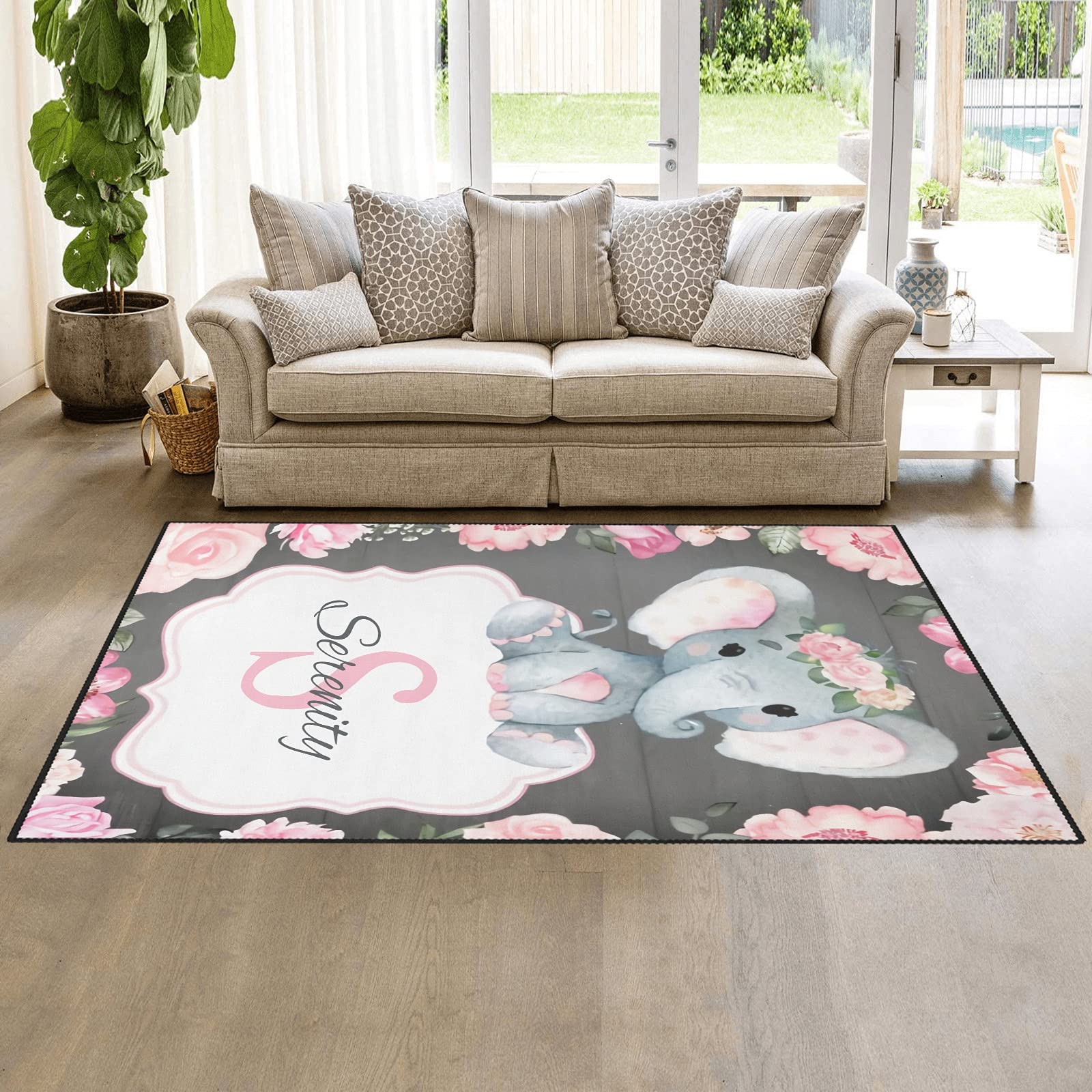 Custom Watercolor Elephant Rug - Pink Flower Play Mat for Nursery & Living Room