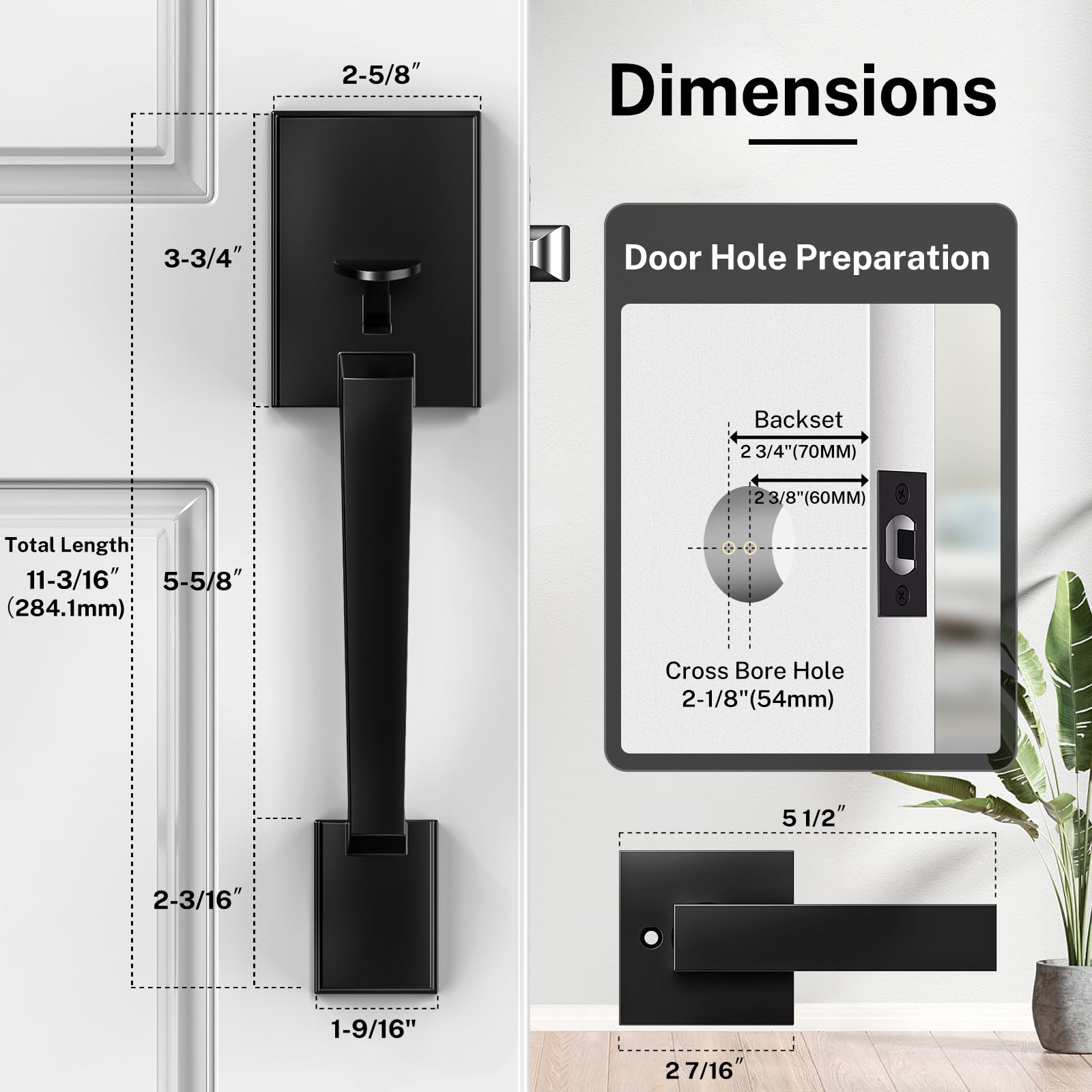 Brightify Modern Matte Black Front Door Handle - Reversible Exterior Entry Door Lever for Left & Right Hand Doors - Passage Function with Lower Half Grip - Perfect for Home, Office & Commercial Buildings