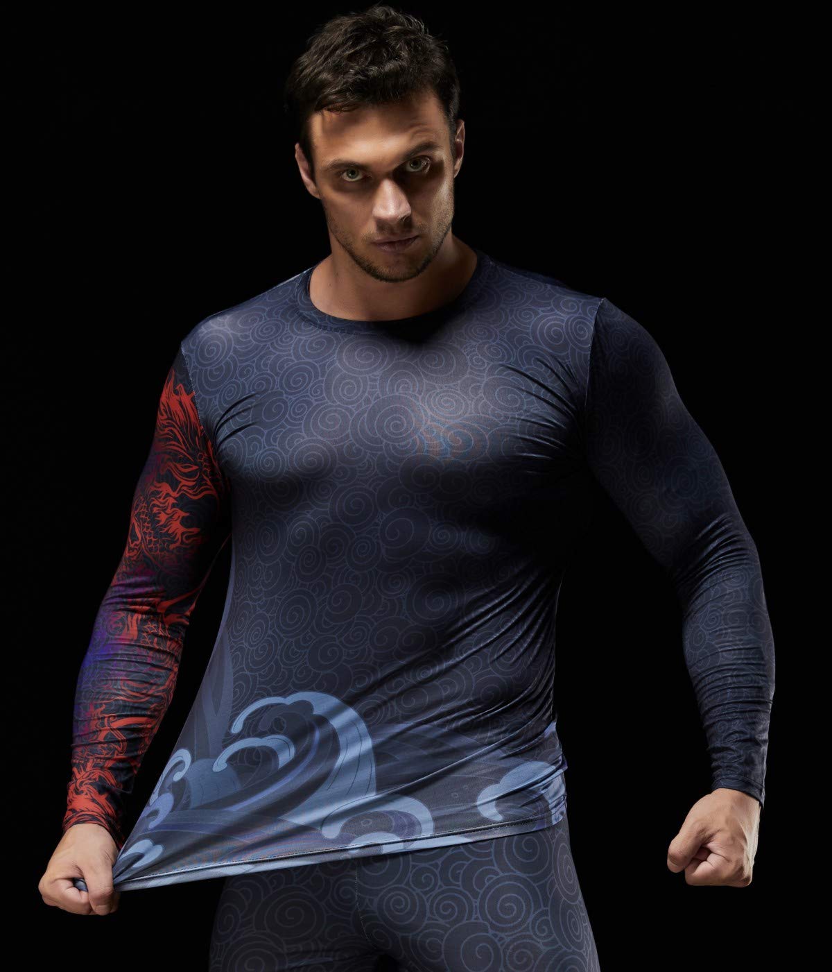 3D Printed Compression Long Sleeve T-Shirt for Men - Moisture Wicking Workout Shirt for Running, Gym & Training - Comfortable Athletic Performance Top