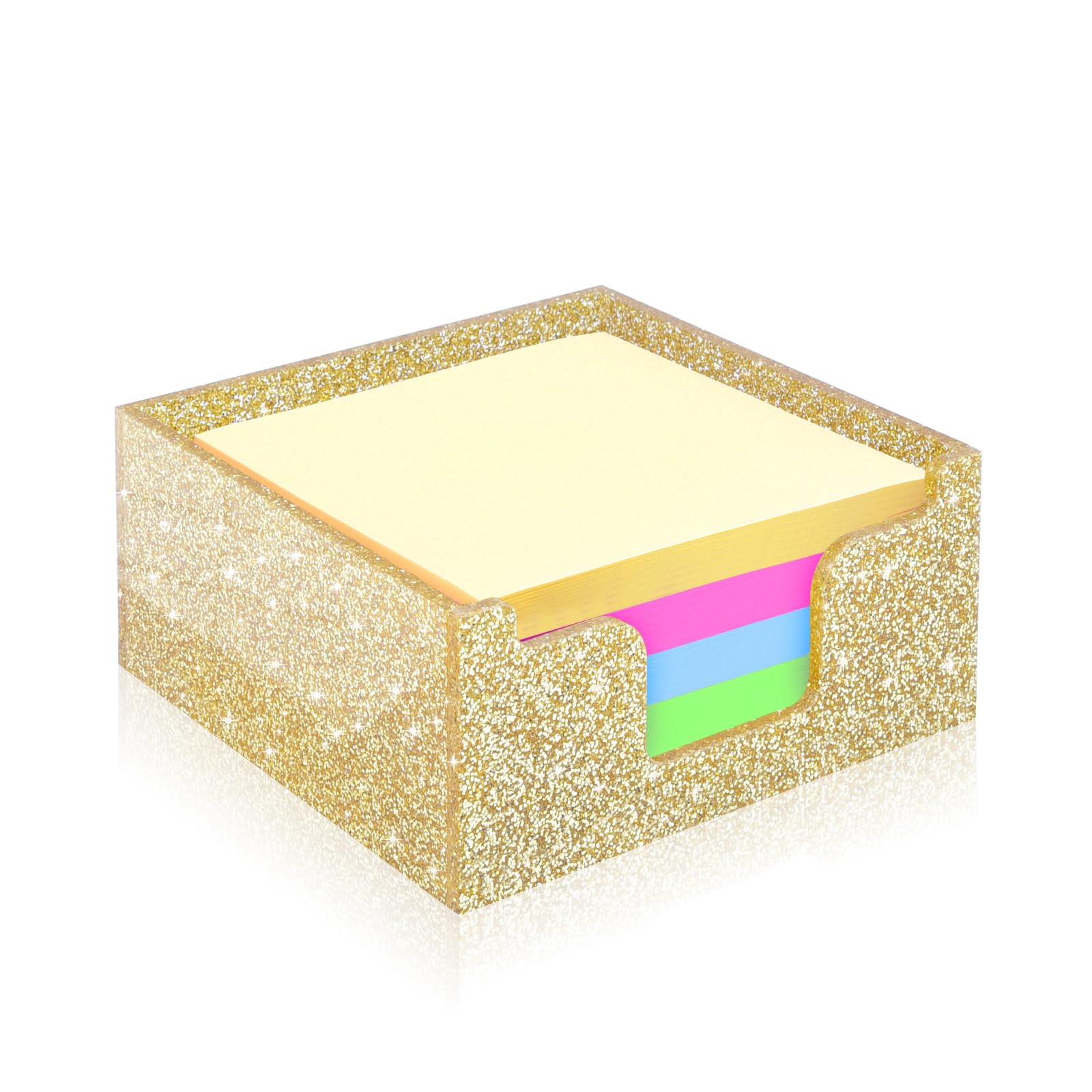 Rouidr Acrylic Sticky Note Holder - 3.94 x 3.94 Inch Glitter Memo Pad Dispenser Organizer for Office, School & Home Desk (Gold) | Perfect for Notes, Reminders & Office Supplies Organization