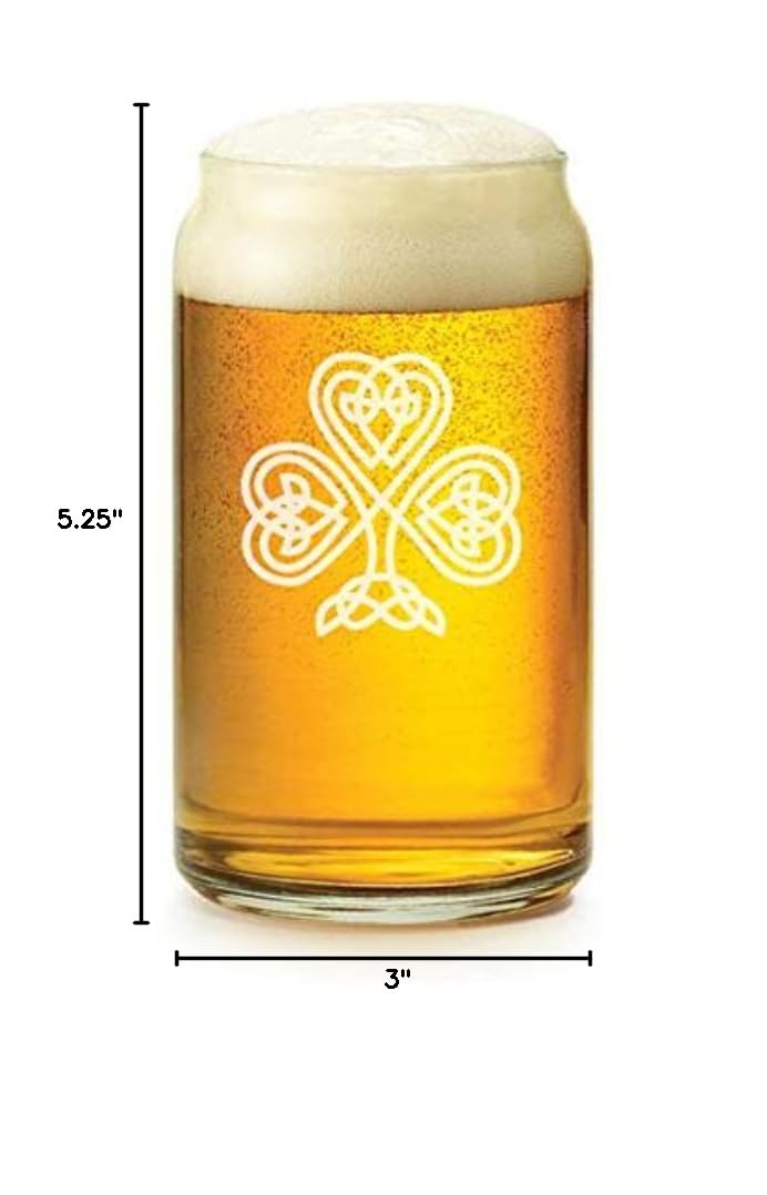 16 oz Beer Can Glass with Celtic Clover Shamrock Design - Perfect for St. Patrick's Day, Irish Pubs, and Home Bar Decor