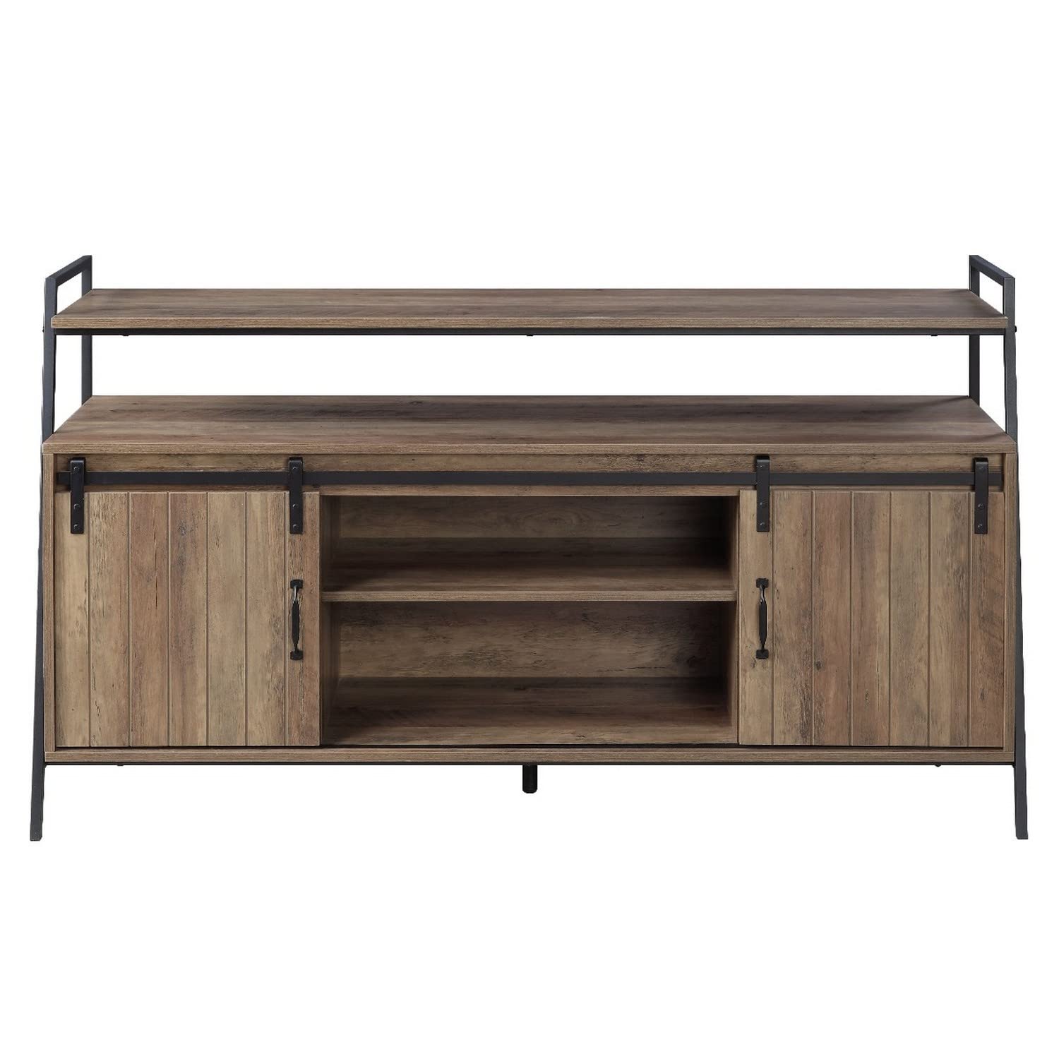 Benzara BM262160 Oak Brown TV Stand with 2 Sliding Barn Doors & Tubular Frame - Modern Farmhouse Entertainment Center for Living Room, Bedroom, or Home Theater